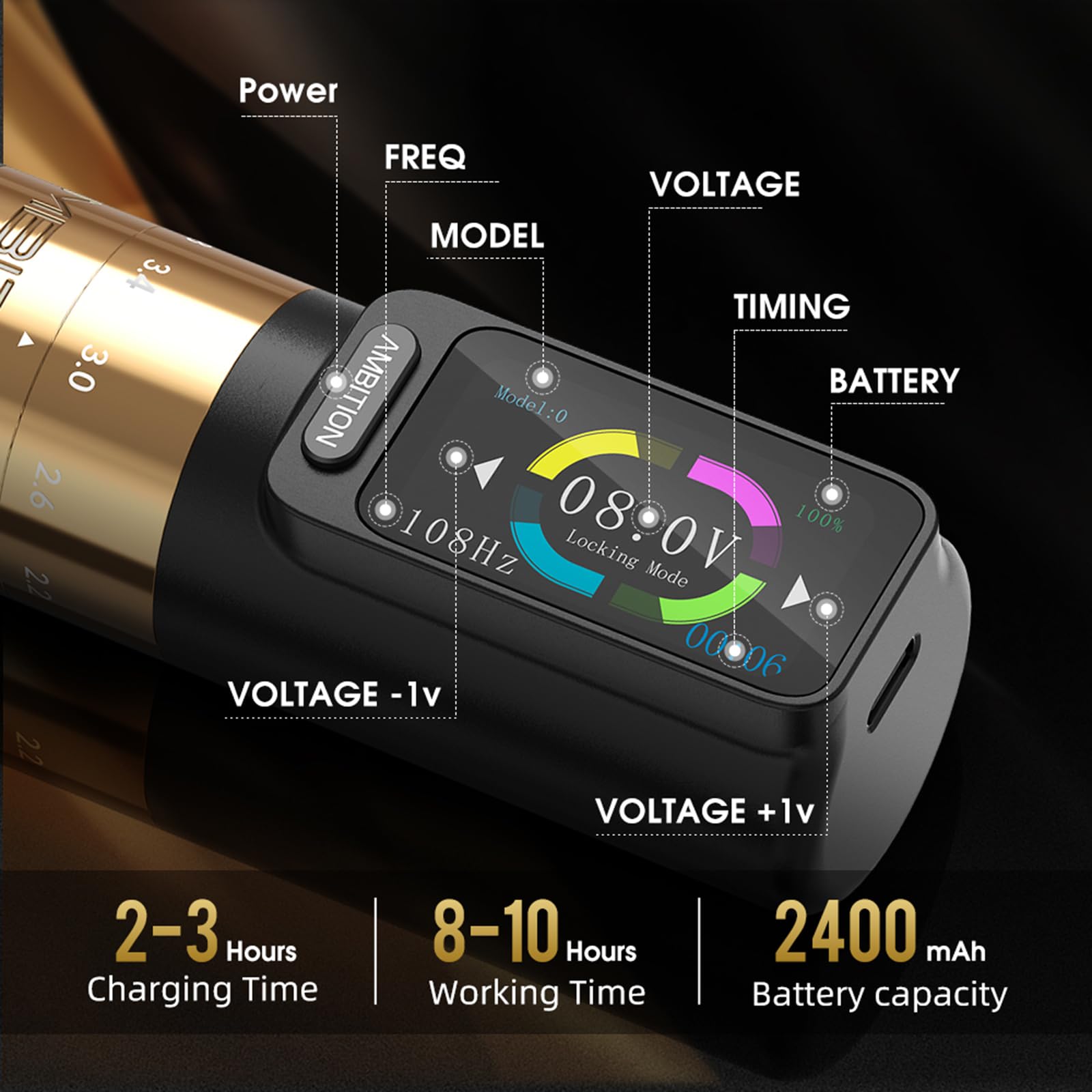 Ambition Seher Wireless Tattoo Machine - 6 Adjustable Stroke Lengths (2.2mm-4.2mm) Rotary Tattoo Pen with 2400mAh Battery, Touch Buttons & LED Display - Professional Cordless Tattoo Gun for Artists | Perfect for Studio Work & Tattoo Enthusiasts