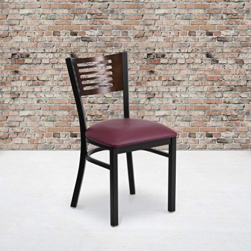 Walnut Wood Back/Burgundy Vinyl Seat/Black Metal Frame