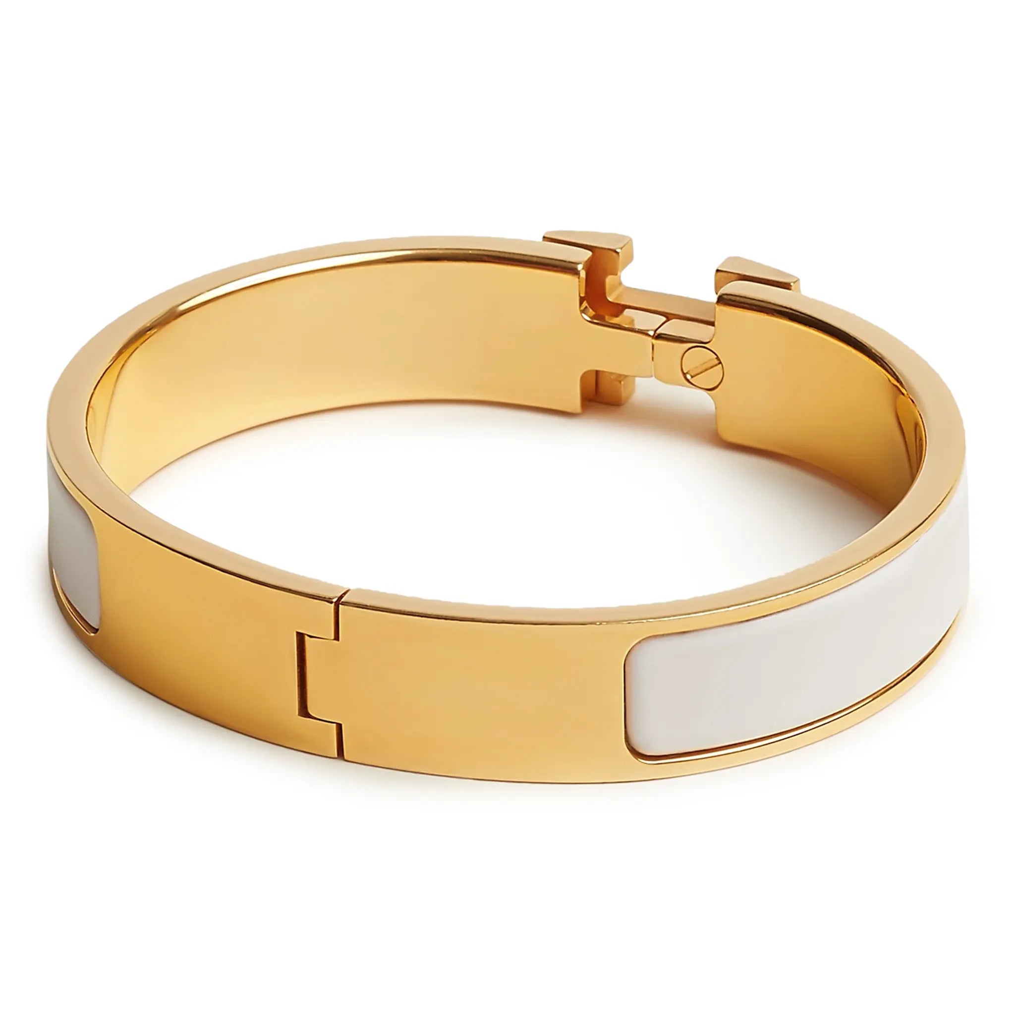Hermès Paris Clic H Bracelet for Women - White Enamel & Gold Plated Bangle - Perfect for Everyday Wear, Office & Special Occasions