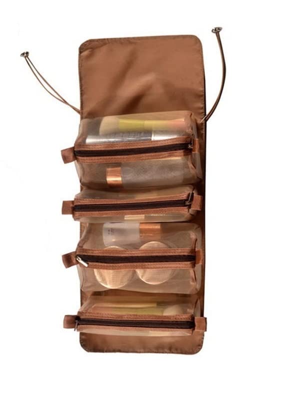 VALAMJI 4-in-1 Detachable Hanging Toiletry Bag - Foldable Travel Makeup Organizer with Removable Dividers, Portable Cosmetic Bag for Women & Girls (Brown) - Perfect for Travel, Camping & Gym Essentials Storage