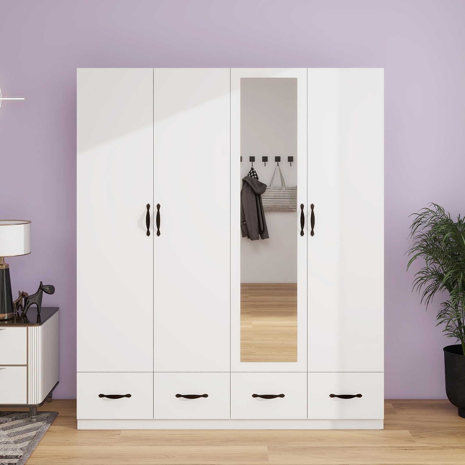 Tall 4-Door Wood Wardrobe Armoire with Mirror & 4 Drawers - Large Bedroom Closet Storage Cabinet for Hanging Clothes | Perfect for Master Bedroom, Guest Room & Dorm Organization (White)