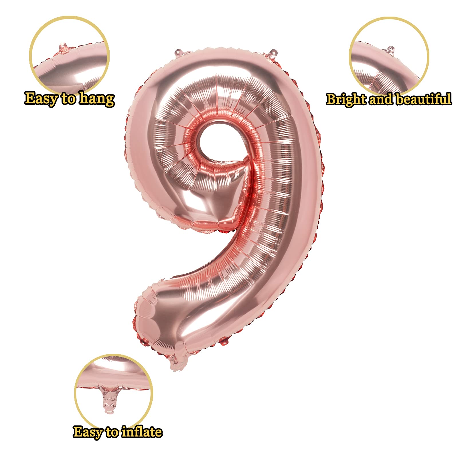 32 Inch Rose Gold Number 9 Foil Balloons - Pack of 1 | Birthday Party Decorations, Anniversary, Graduation, Baby Shower & Special Event Supplies | Metallic Balloon for Photo Backdrops, Ceiling Decor & Party Centerpieces