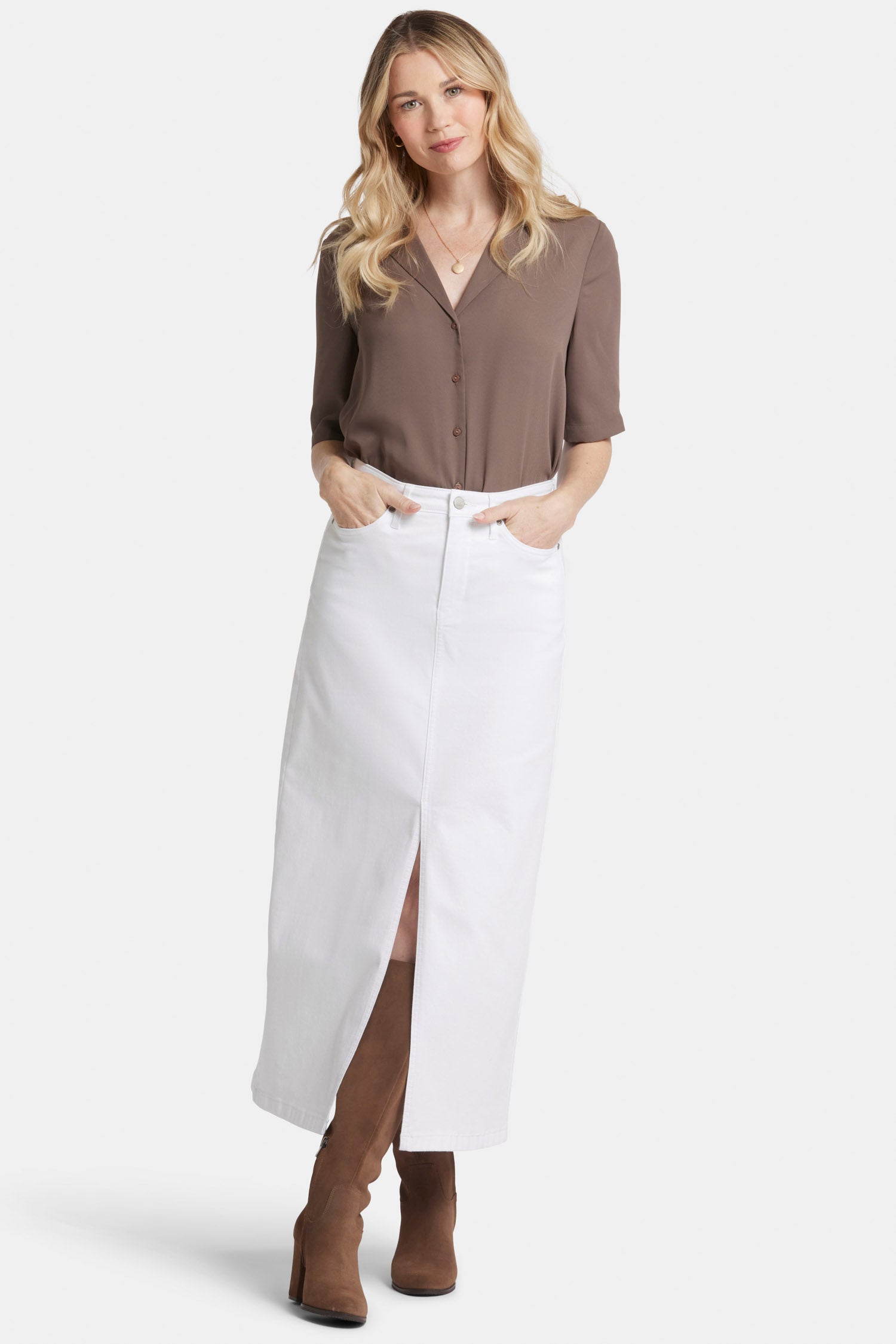 Elegant High Rise Long Skirt in Optic White - Perfect for Office Wear, Formal Events & Spring Outfits