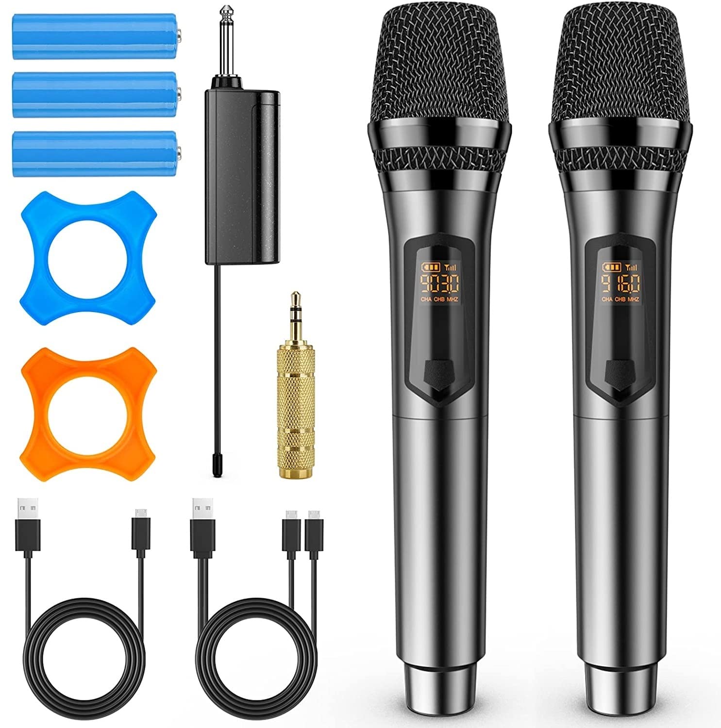 Saiyin UHF Wireless Microphone System - Dual Handheld Dynamic Mics with Rechargeable Batteries & Receiver, 200ft Range, 1/4