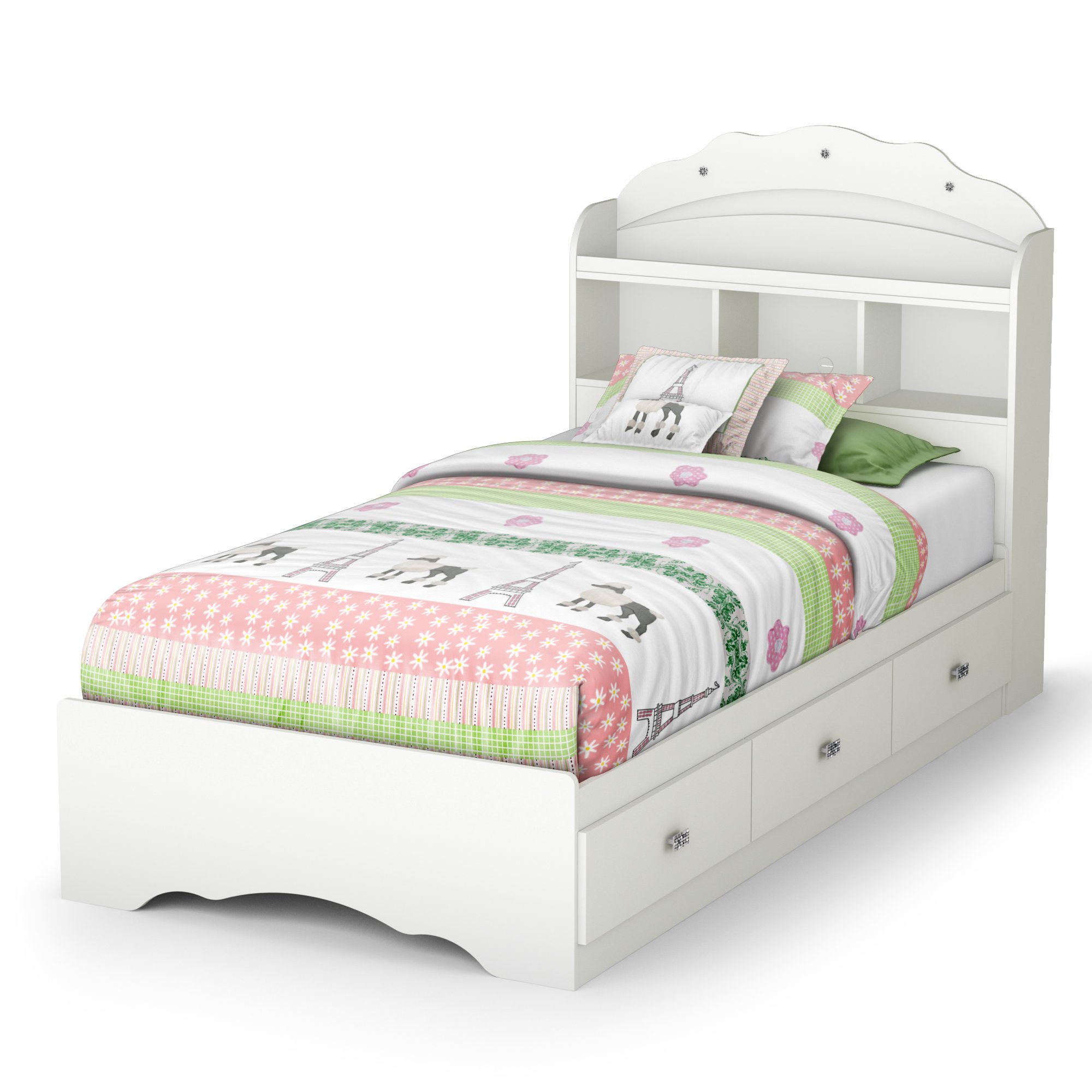 South Shore Tiara Wood Twin Bookcase Storage Bed in Pure White - Space-Saving Kids Bedroom Furniture for Small Rooms, Dorm, or Guest Bed with Built-in Shelves & Storage Drawers