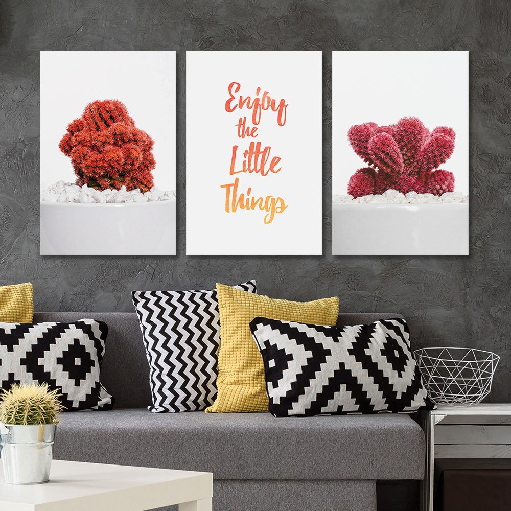 3 Panel Red Desert Plant Wall Art with 'Enjoy Little Things' Quote - 24x36 Inches Canvas Prints for Living Room, Bedroom & Office Decor