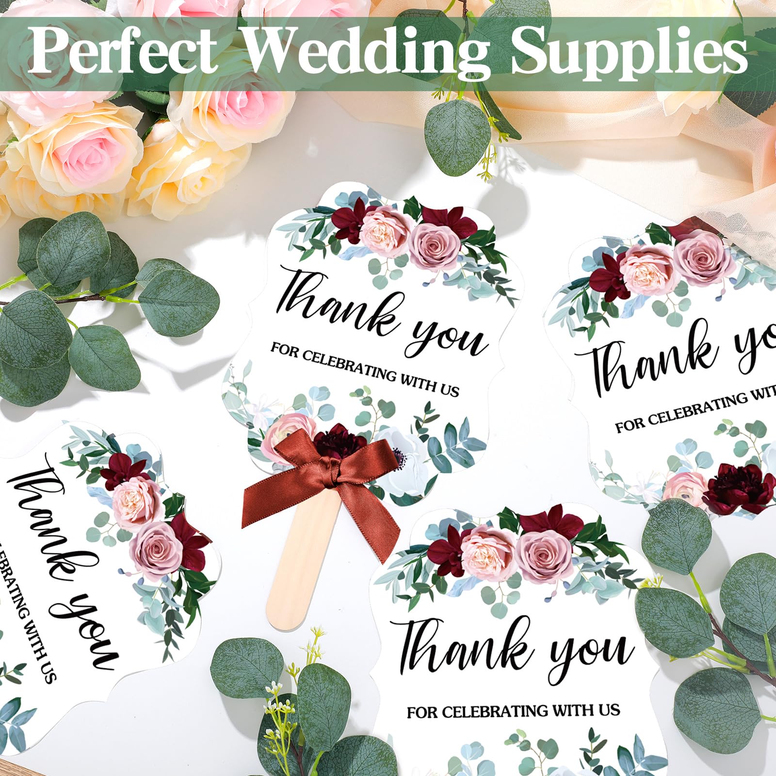 50 Pack Wedding Hand Fans for Guests - Elegant Wine Red Floral Foldable Fans - Bridal Shower Favors, Bridesmaid Gifts & Church Event Supplies - Perfect for Outdoor Weddings, Baby Showers and Summer Celebrations