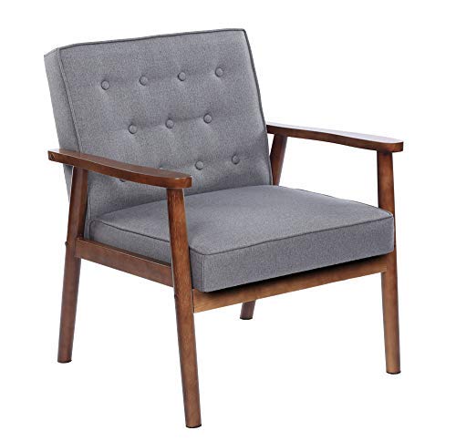 Mid-Century Modern Accent Chair - Retro Fabric Upholstered Lounge Chair with Wooden Arms for Living Room, Bedroom or Office - Comfortable Grey Armchair for Relaxing & Reading