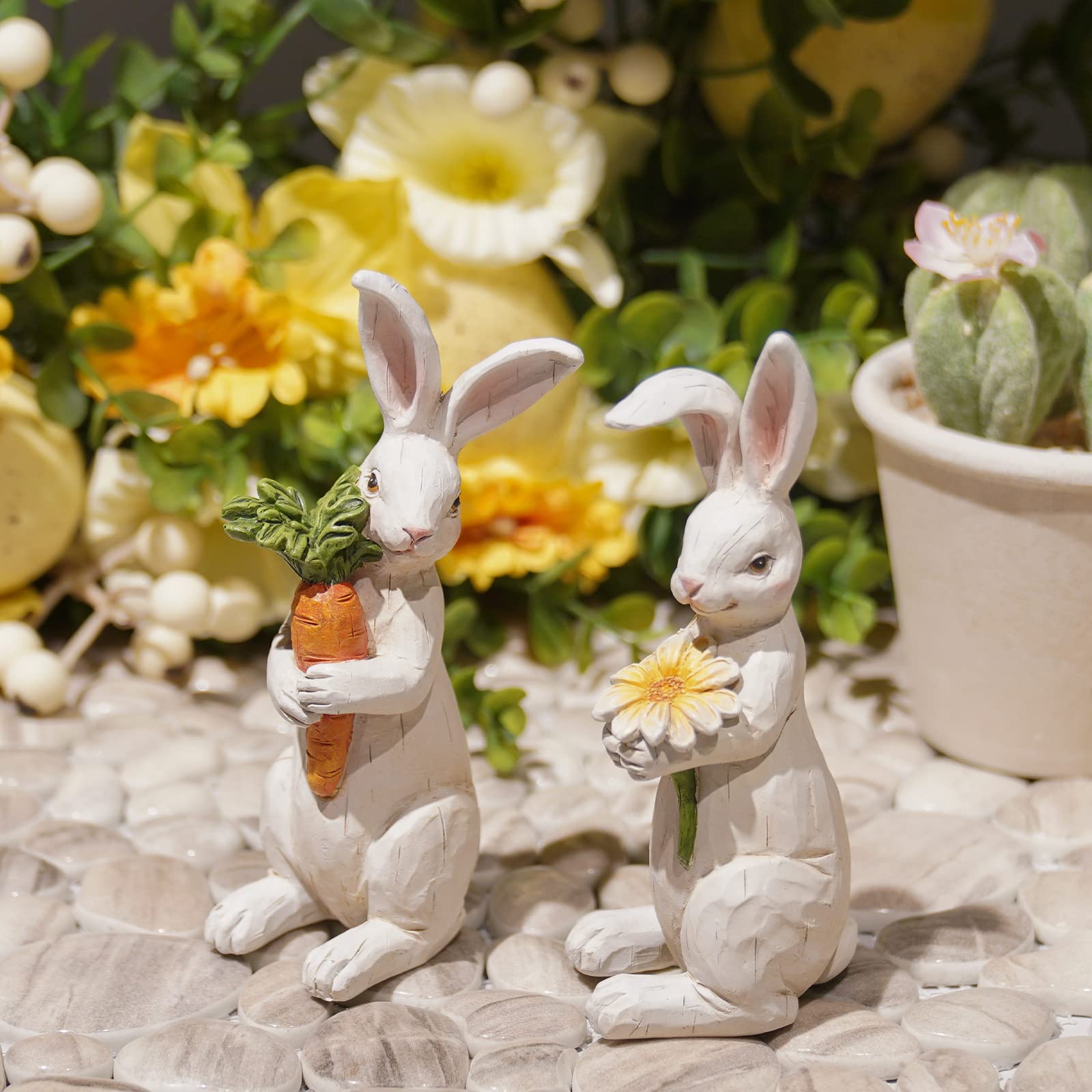 Easter Bunny Decorations - 2PC Resin Rabbit Figurines with Carrot & Flower, Spring Table Centerpiece for Home, Farmhouse (4.5 Inch) - Perfect for Easter Table Decor, Spring Home Decor, and Farmhouse Style Interior Design