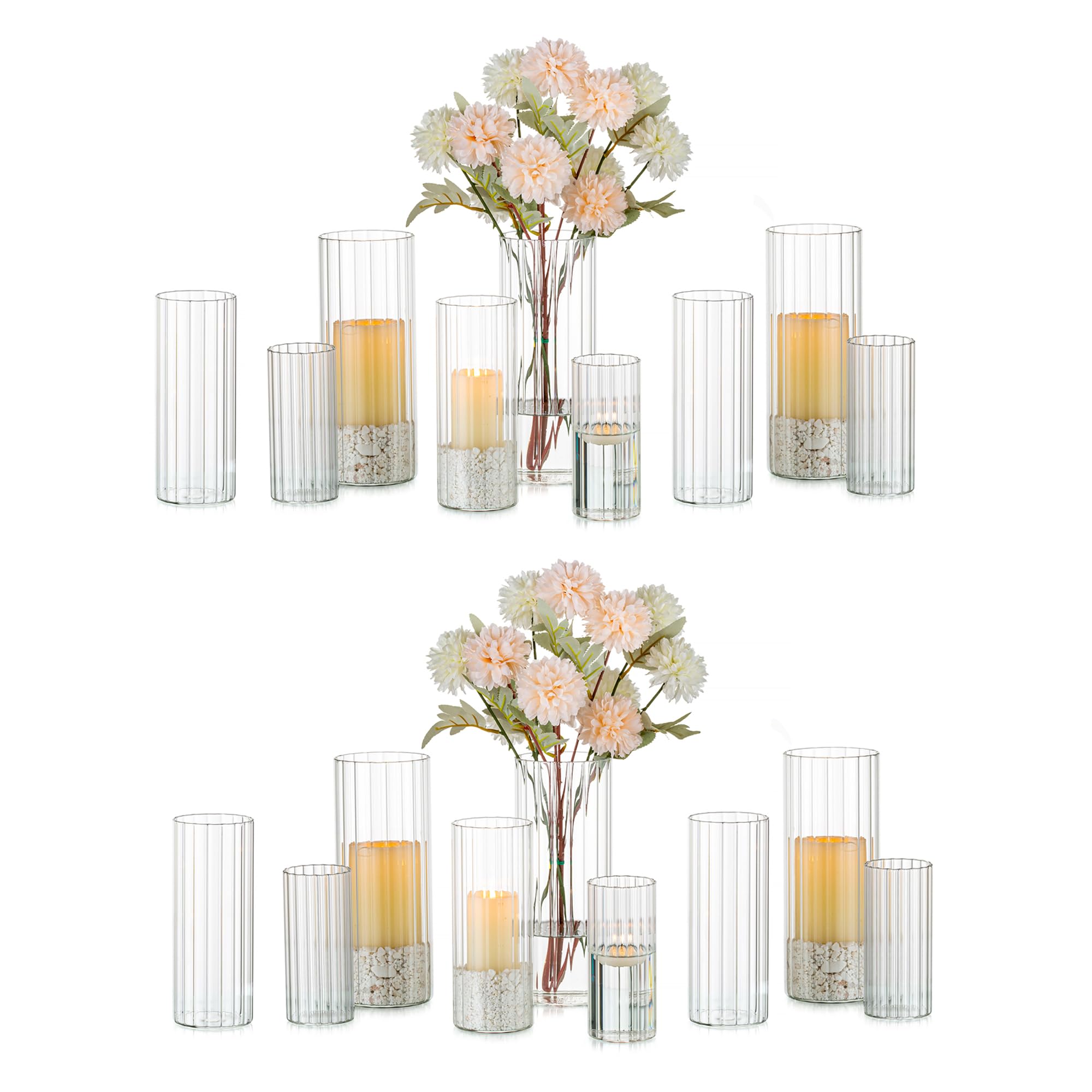 Glasseam 18-Piece Clear Ribbed Glass Cylinder Candle Holders Set - Hurricane Pillar & Floating Candle Vases for Dining Table Centerpieces, Flute Flower Vases for Wedding, Party Decor & Home Decoration