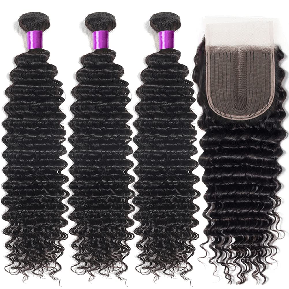 100% Brazilian Human Hair Bundles with Closure - Unprocessed Deep Wave Remy Hair Extensions (4 Bundles + 4x4 Lace Closure) for Natural Wet & Wavy Look - Perfect for Daily Styling, Special Occasions & Protective Hairstyles