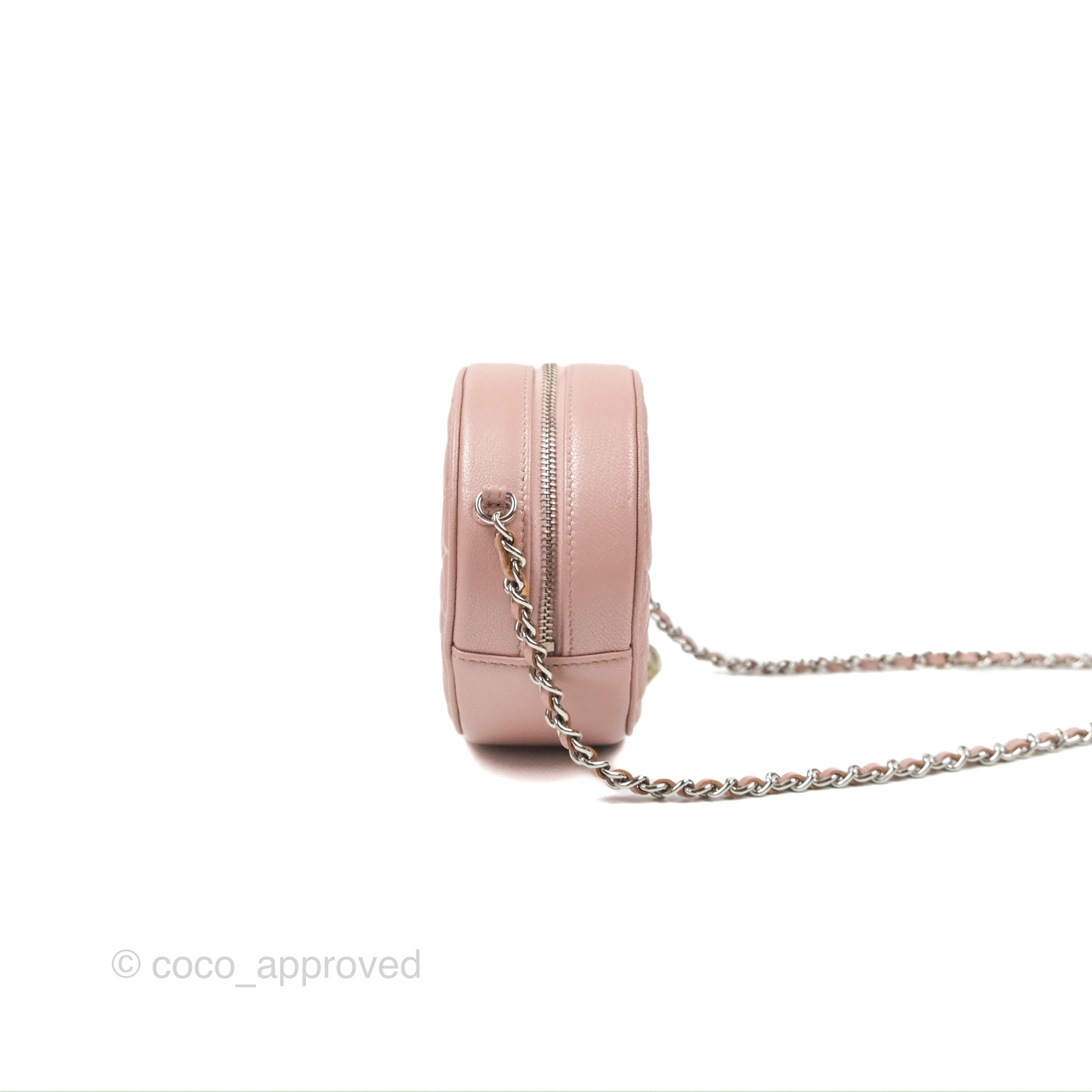 Chanel Camellia Embossed Round Clutch Bag with Chain - Iridescent Light Pink Goatskin Leather & Silver Hardware | Evening Party, Wedding, Special Occasion Accessory