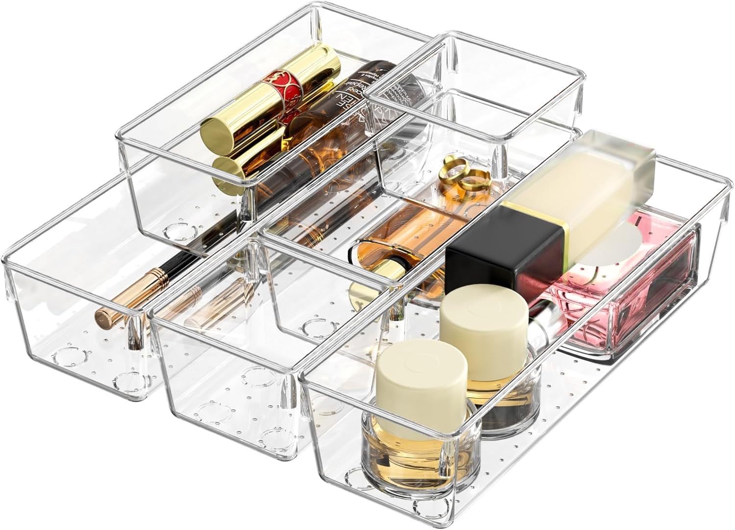 Acrylic Drawer Organizer Set - 6pcs for Makeup, Skincare, Jewelry & Office Supplies | Vanity, Kitchen, Bedroom, Bathroom & Office Storage Solution | Clear Plastic Storage Bins for Desk, Dresser & Countertop Organization