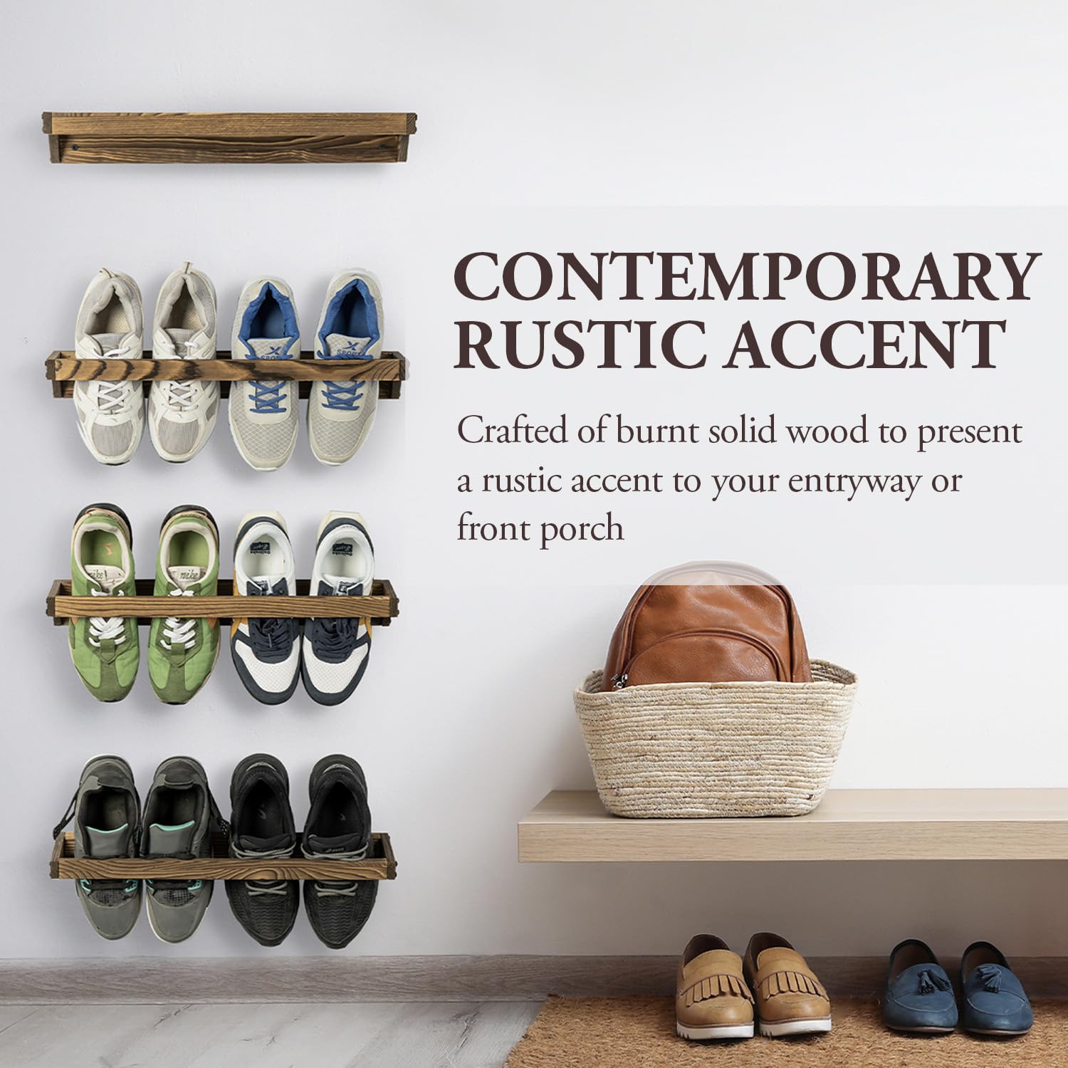 MyGift Set of 4 Rustic Burnt Solid Wood Hanging Shoe Storage Organizer Racks - Wall Mounted Space Saving Footwear Holder for Closet, Mudroom, Entryway - Holds 8 Pairs - Perfect for Small Spaces & Home Organization