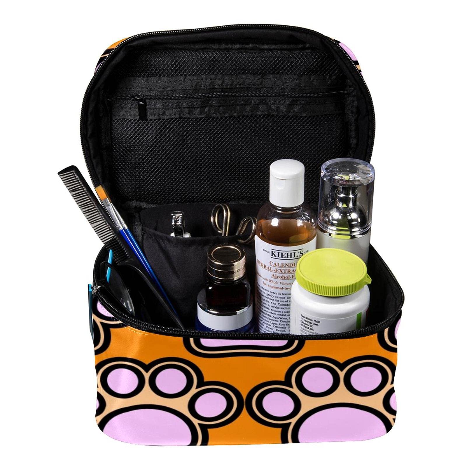 Orange Paws Pattern Large Travel Makeup Bag - Waterproof Cosmetic Organizer with Zipper for Women & Girls | Perfect for Toiletries, Travel Essentials & Daily Use