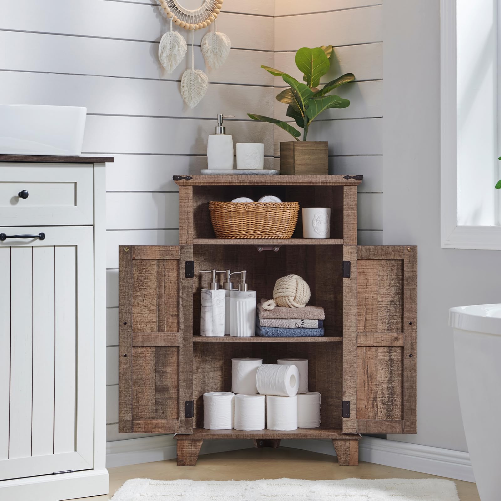 Farmhouse Corner Bathroom Cabinet with Barn Door & Adjustable Shelf - Rustic Brown Storage Cabinet for Bathroom, Kitchen, Living Room | Space-Saving Organizer for Small Bathrooms & Cozy Farmhouse Decor