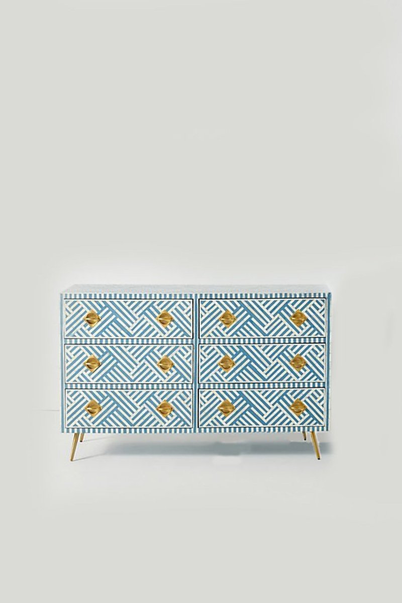 Handmade Bone Inlay Chest of Drawers - 6-Drawer Storage Cabinet with Optical Design in Sky Blue | Perfect for Bedroom, Living Room & Office Organization