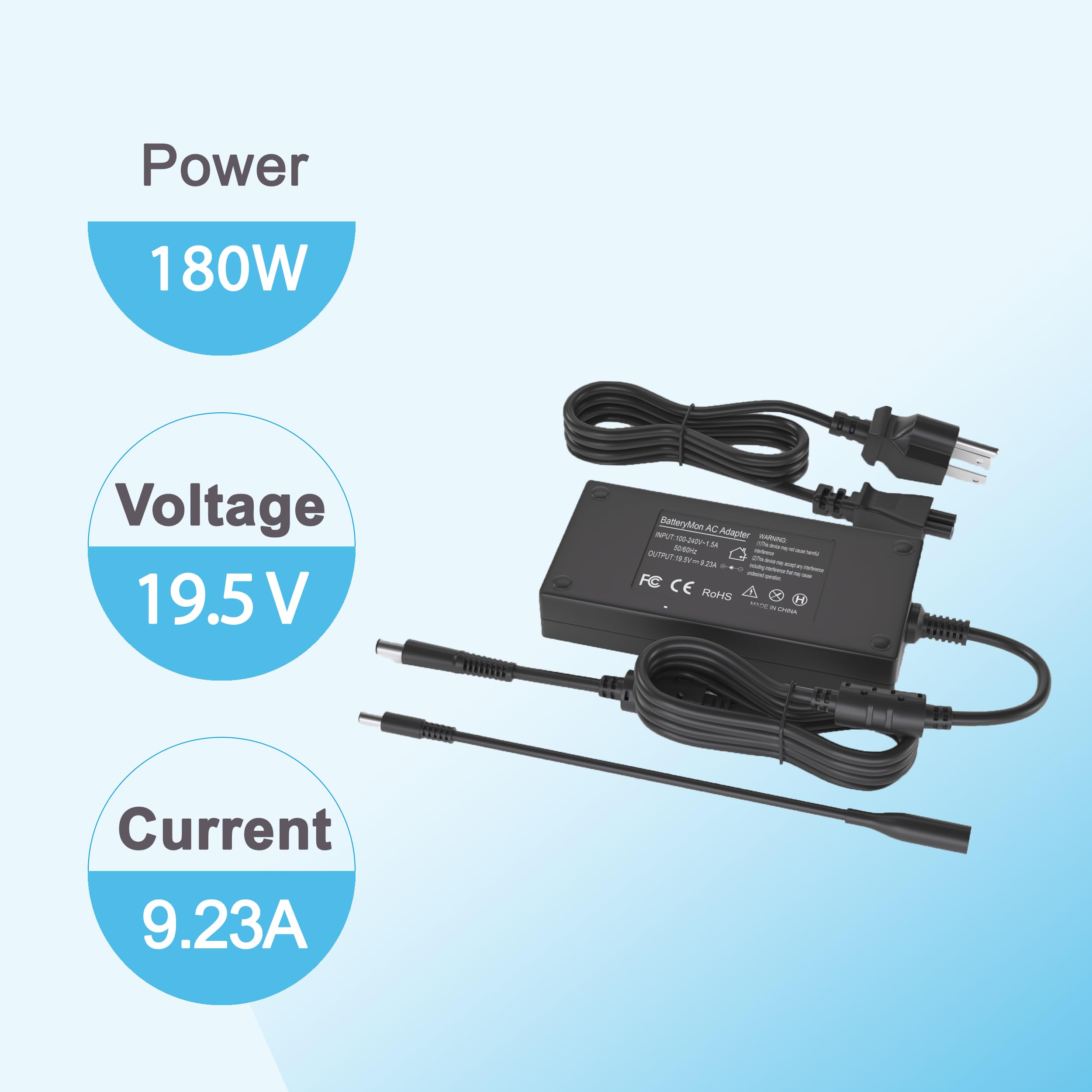 180W Laptop Charger for Dell Docking Station - Compatible with Dell D6000/D6000S/WD19TB/K17A/WD15 & Precision 7680/7670/7770/7780/Alienware 13/15/17 - Power Cord Replacement for Home & Office Use