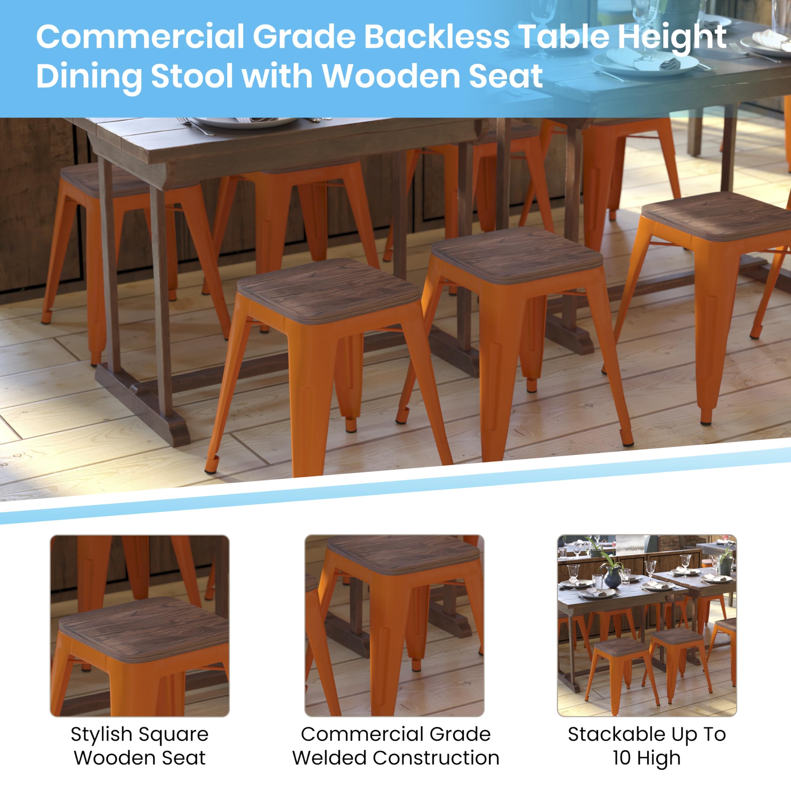 Flash Furniture Set of 4 Metal Bar Stools with Wooden Seats - 18