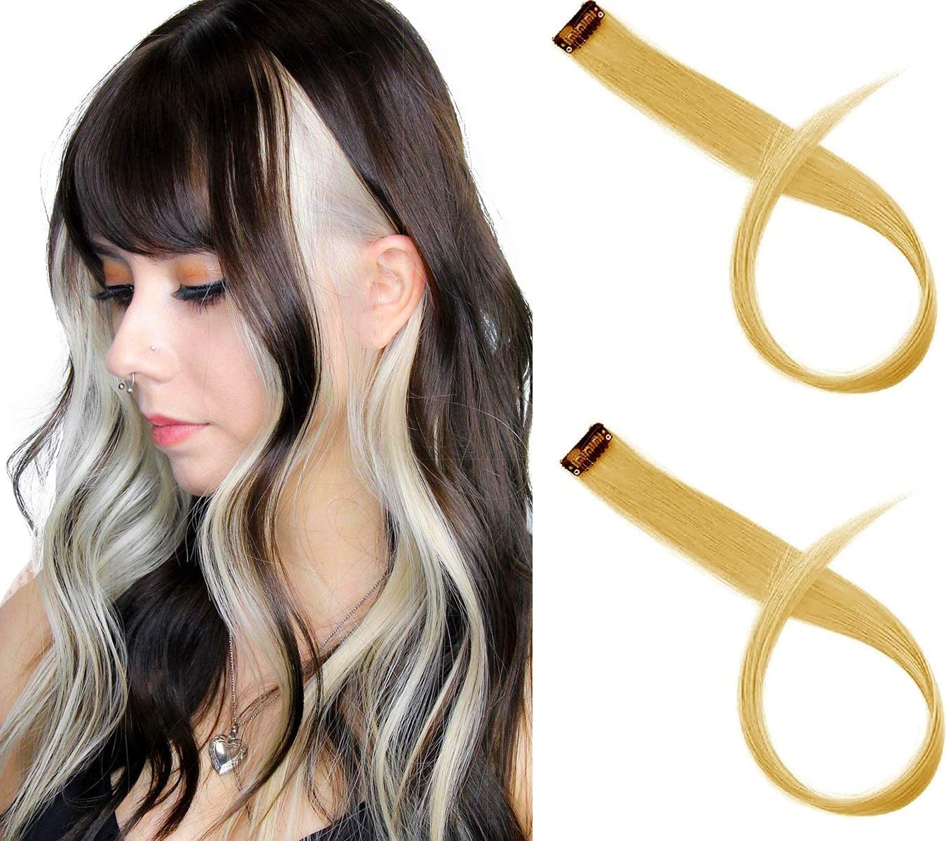 KAVIN 2-Piece Clip-In Straight Synthetic Hair Extensions for Women & Girls - Dark Blonde | Perfect for Parties, Cosplay & Daily Styling