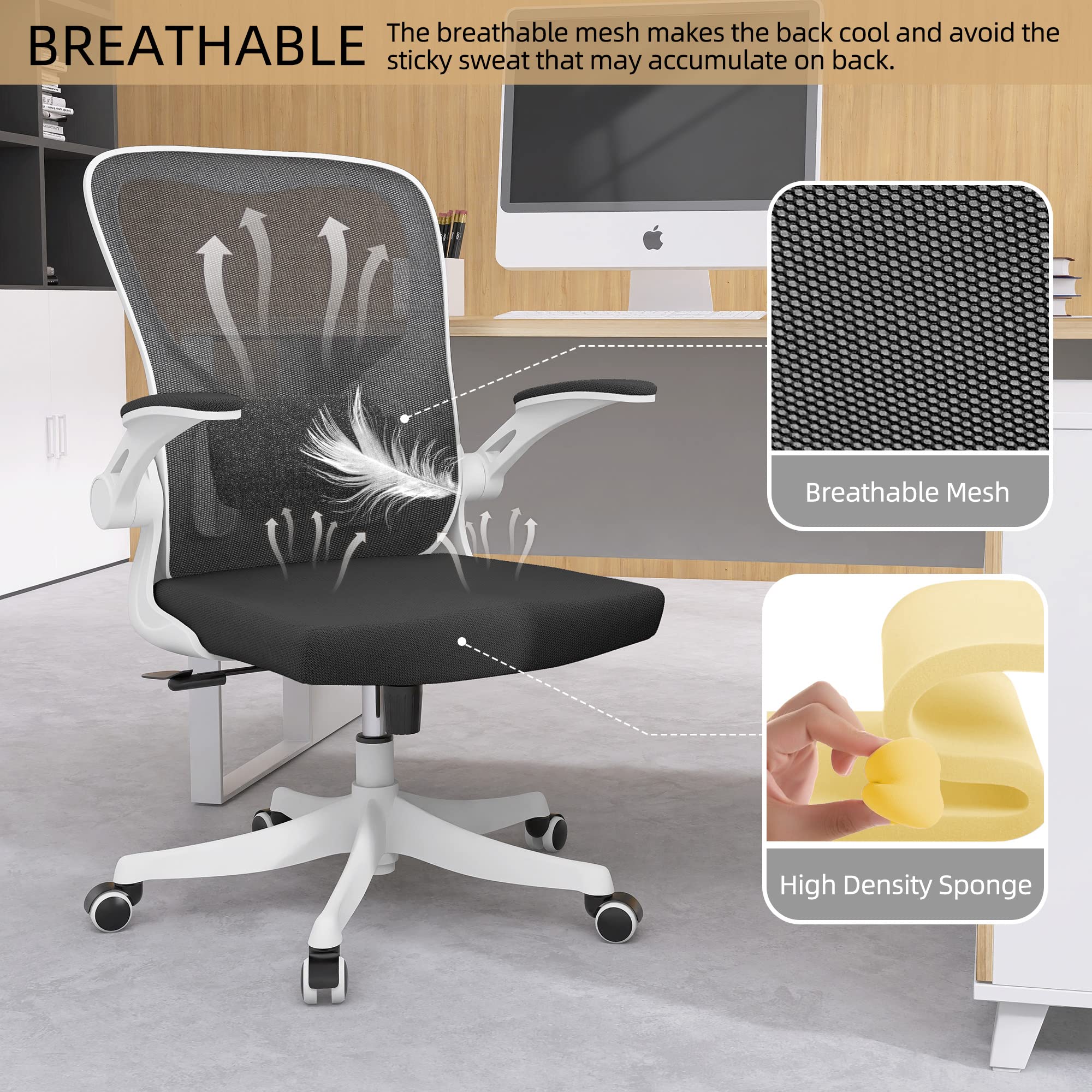Monhey Ergonomic Office Chair with Lumbar Support - High Back Mesh Computer Desk Chair with Flip-Up Arms, Swivel & Rocking Function - White Frame & Black Mesh - Perfect for Home Office, Study & Workspace