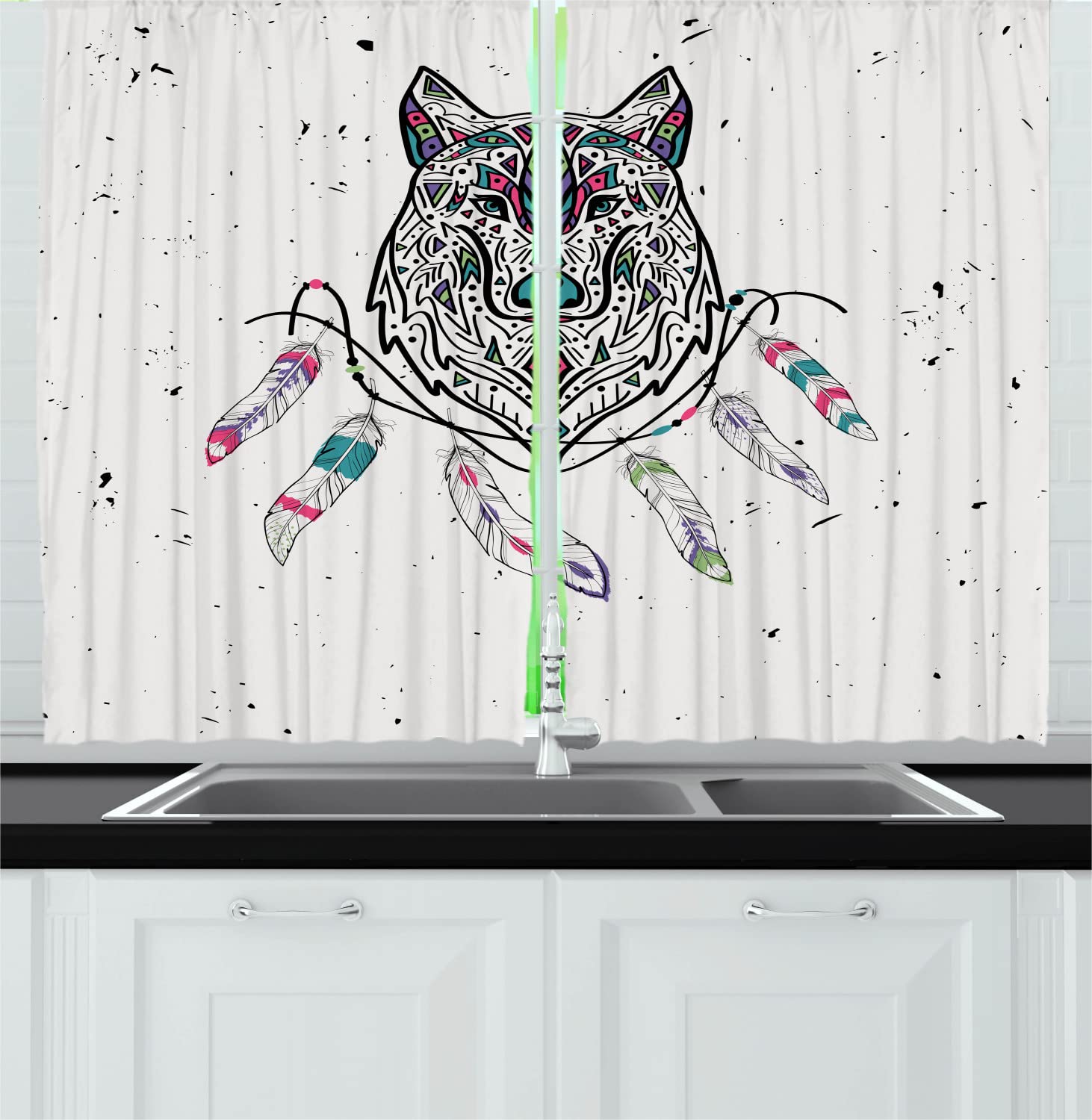 Ambesonne Tribal Long Kitchen Curtains - Boho Wolf & Feathers Print Drapes, 55x45 Inch, Pale Grey Pink Teal - Rod Pocket Window Treatments for Living Room, Bedroom & Cabin Decor