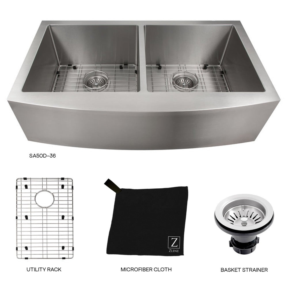 ZLINE 36-Inch Farmhouse Apron Front Double Bowl Stainless Steel Kitchen Sink with Bottom Grid - SA50D 36S - Perfect for Rustic & Modern Kitchens, Renovations & DIY Installations