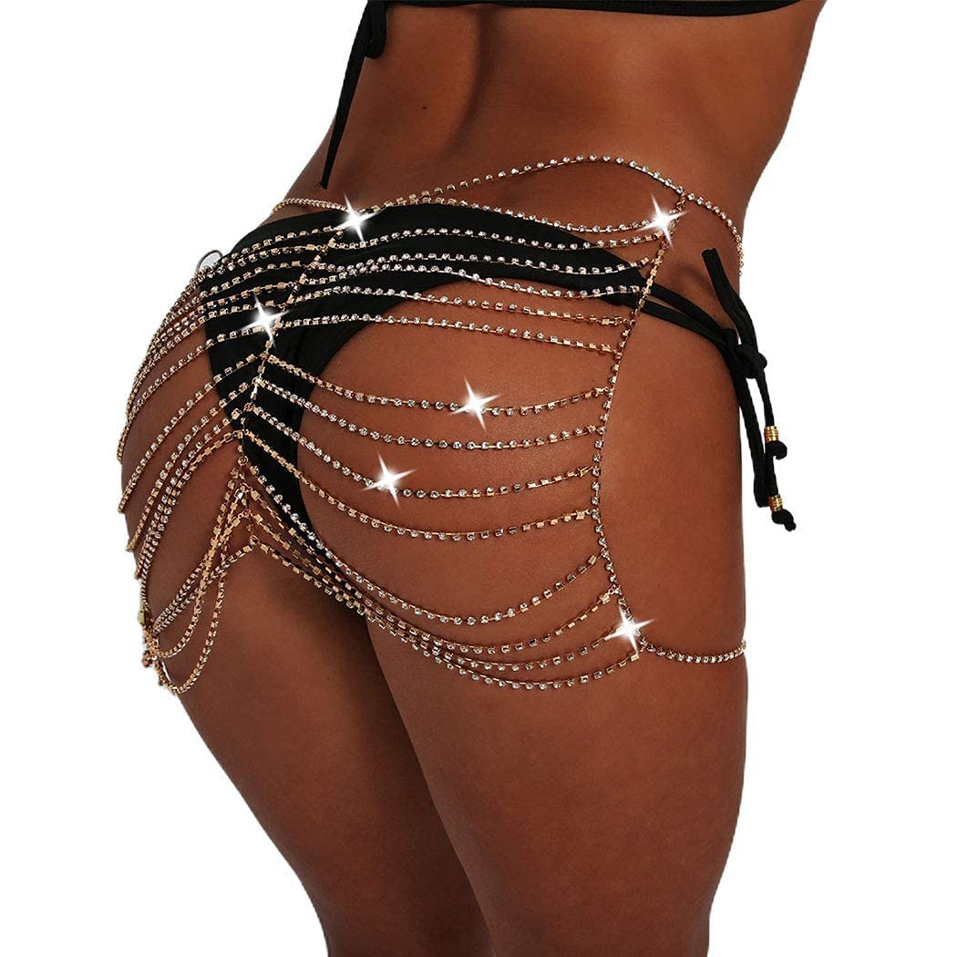 Sparkling Rhinestone Body Chain - Gold Layered Waist & Belly Jewelry for Women | Perfect for Beach Parties, Music Festivals & Bachelorette Events