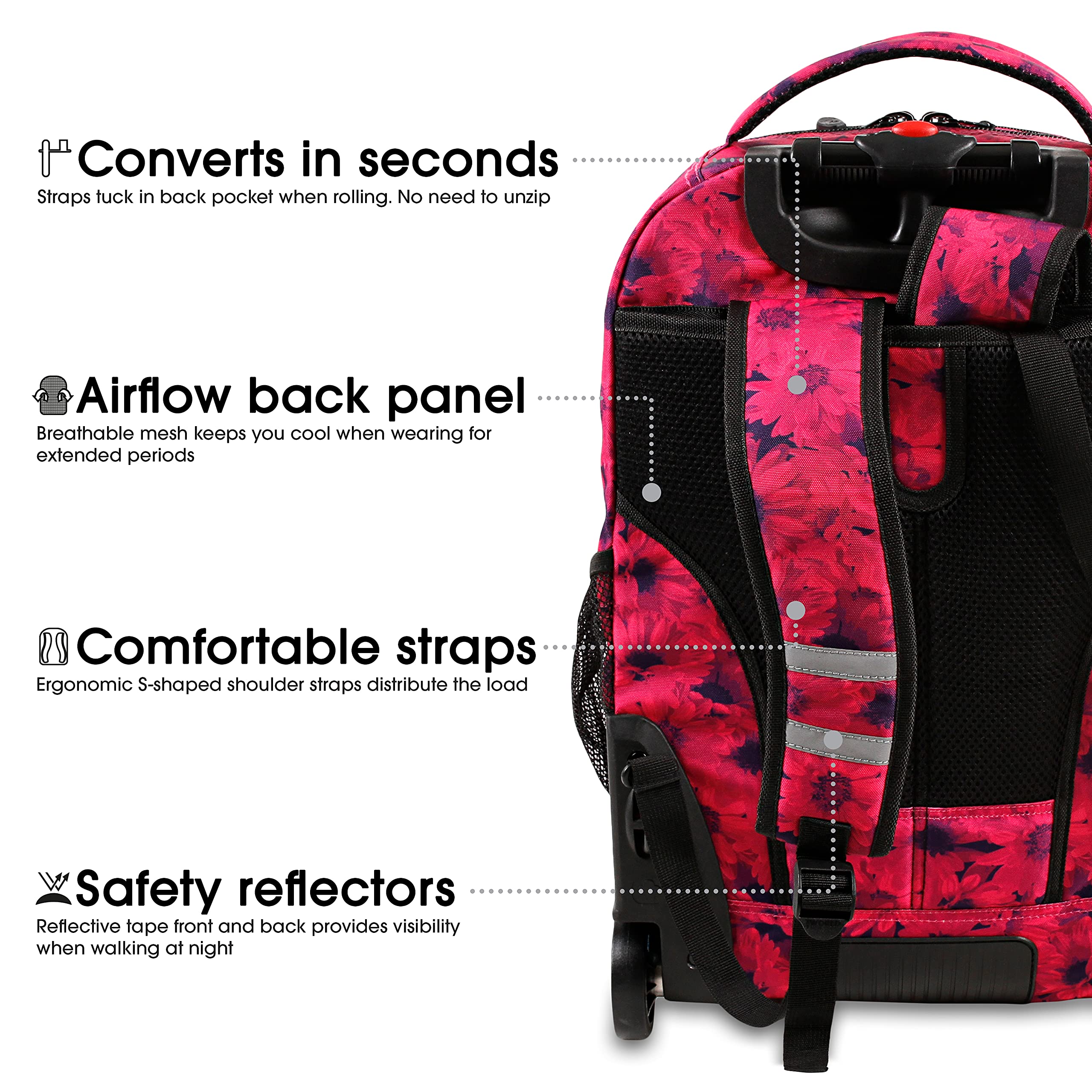 J World New York Sundance 20 Inch Rolling Backpack for Kids - Durable Wheeled Bookbag for School & Travel, Bellis Design - Perfect for Students, Commuters & Airplane Carry-On