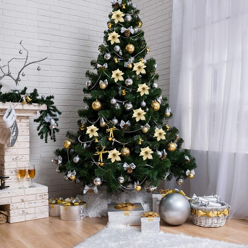 30-Piece Gold Glitter Christmas Tree Ornaments Set - Artificial Poinsettia Flowers for Holiday Decor, Wedding, Wreaths & Festive Tree Decorations - Perfect for Christmas, Parties & Home Decoration