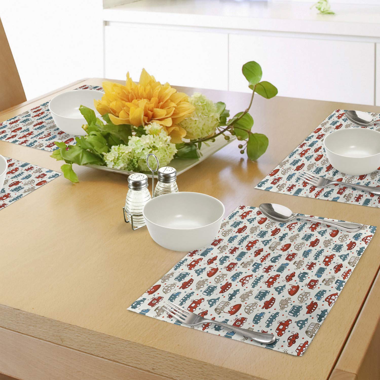 Ambesonne 4-Piece Cars Placemats Set - Cartoon Vehicle Design with Ambulance, Bus, Ship & Truck Patterns - Washable Fabric Dining Table Mats for Kids & Adults - Standard Size (Scarlet, Teal, Tan) - Perfect for Family Meals, Birthday Parties & Themed Decor