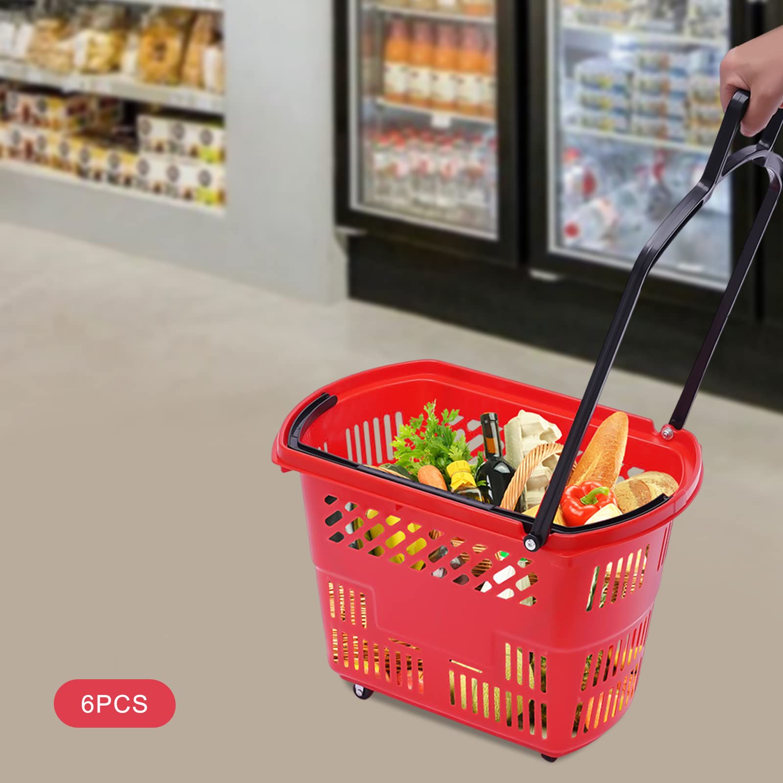 Gdrasuya10 6-Pack 35L Rolling Shopping Baskets with Wheels & Handle - Durable Plastic Grocery Cart (Red) - Perfect for Supermarkets, Warehouse Stores & Home Organization