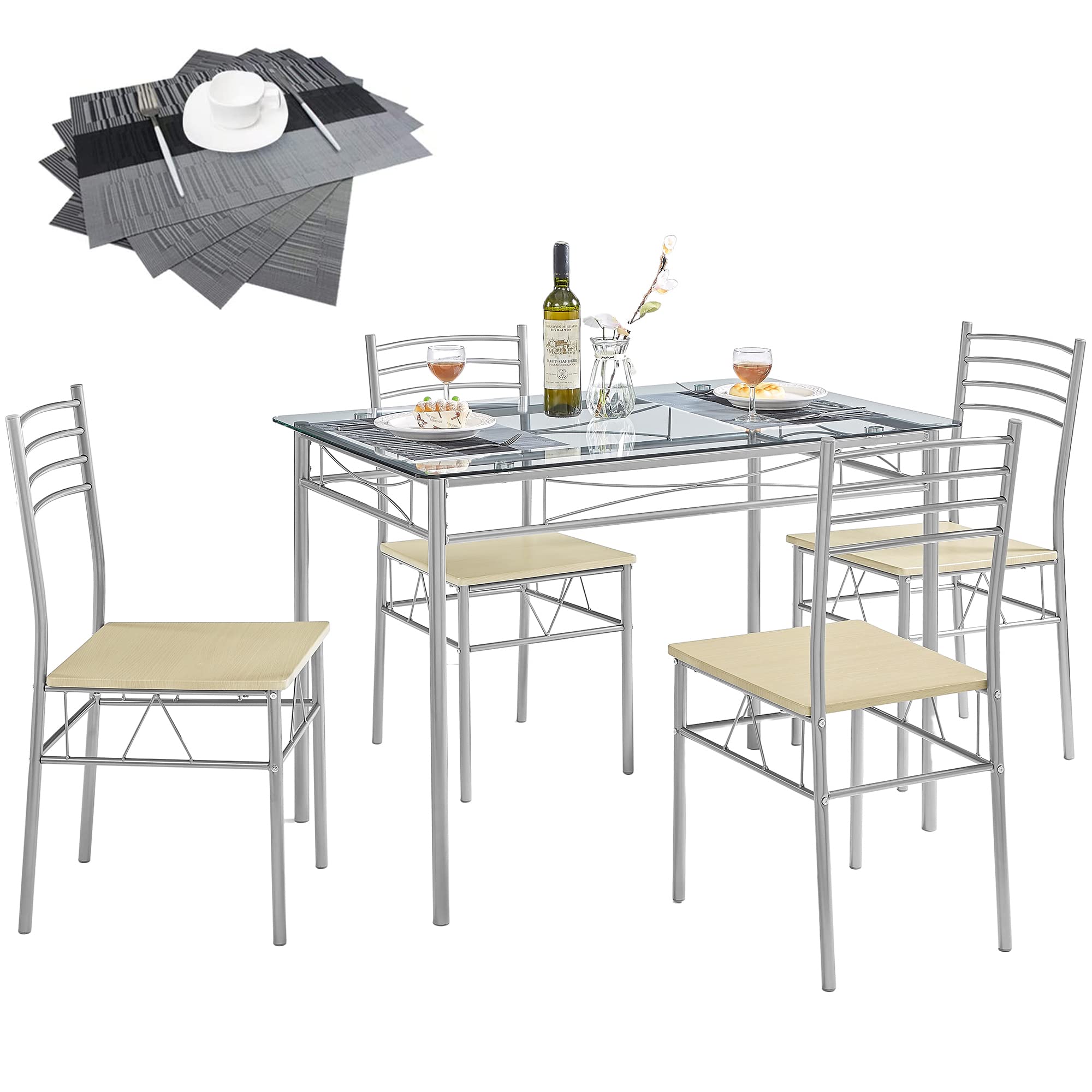VECELO 5-Piece Dining Table Set with 4 Chairs & 4 Placemats - Silver X-Large Size for Kitchen, Dining Room & Small Space
