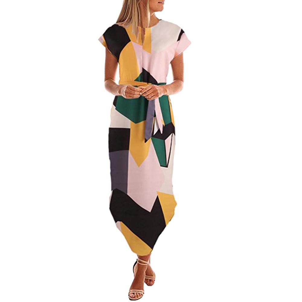 UOFOCO Women's Summer Casual Short Sleeve V-Neck Printed Maxi Dress with Belt - Perfect for Beach Vacations, Date Nights & Summer Parties