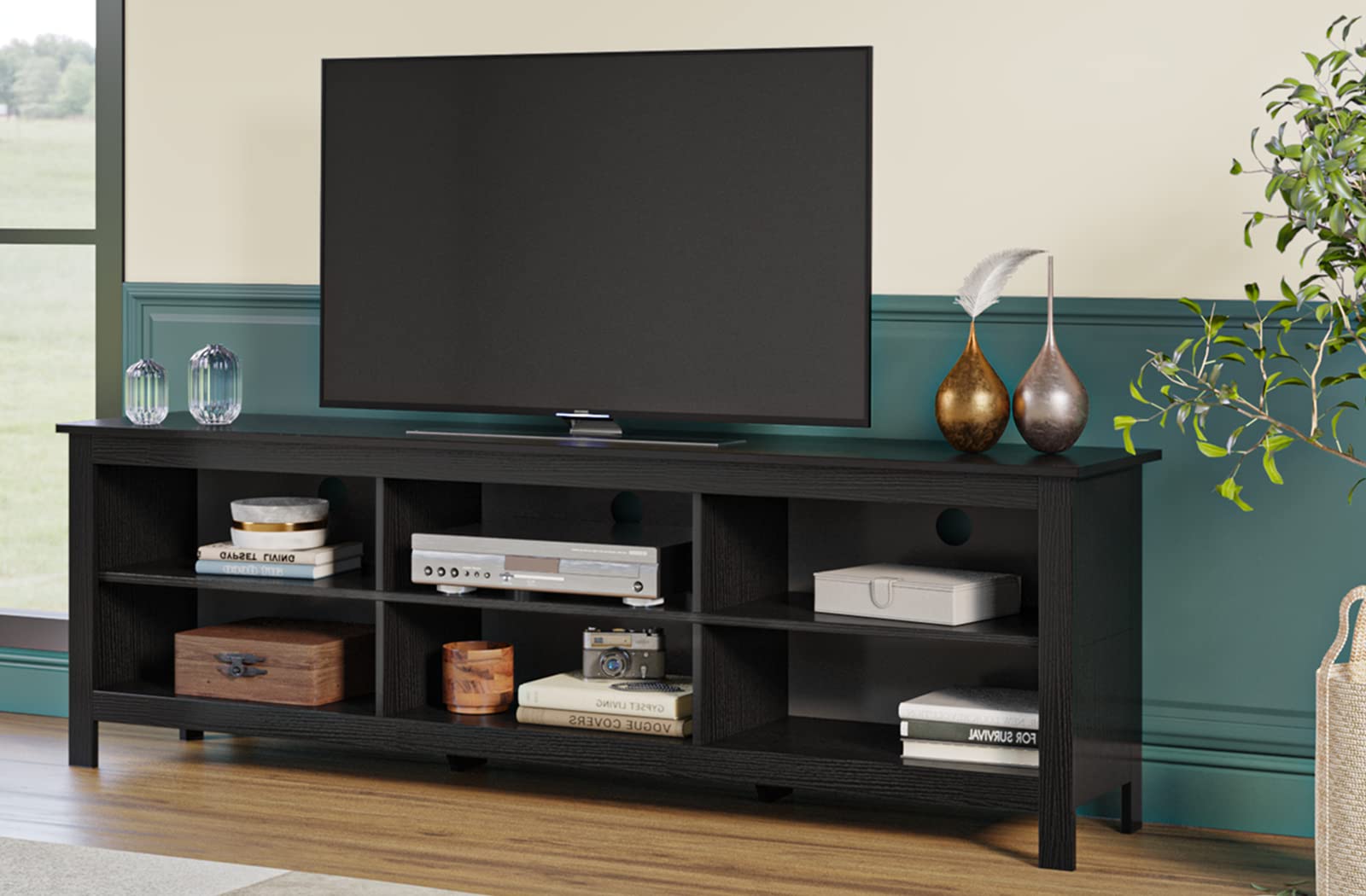 Panana 6-Cubby TV Stand for 80 Inch TVs - Black Media Storage Cabinet with Open Shelves - Perfect for Living Room, Bedroom & Home Theater Setup