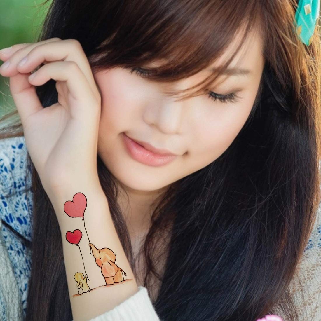 Waterproof Temporary Tattoos for Women & Men - 3D Cute Elephant Heart Balloon Design - 10.5cm x 6cm Body Art Transfer Stickers - Perfect for Parties, Festivals, and Summer Beach Looks