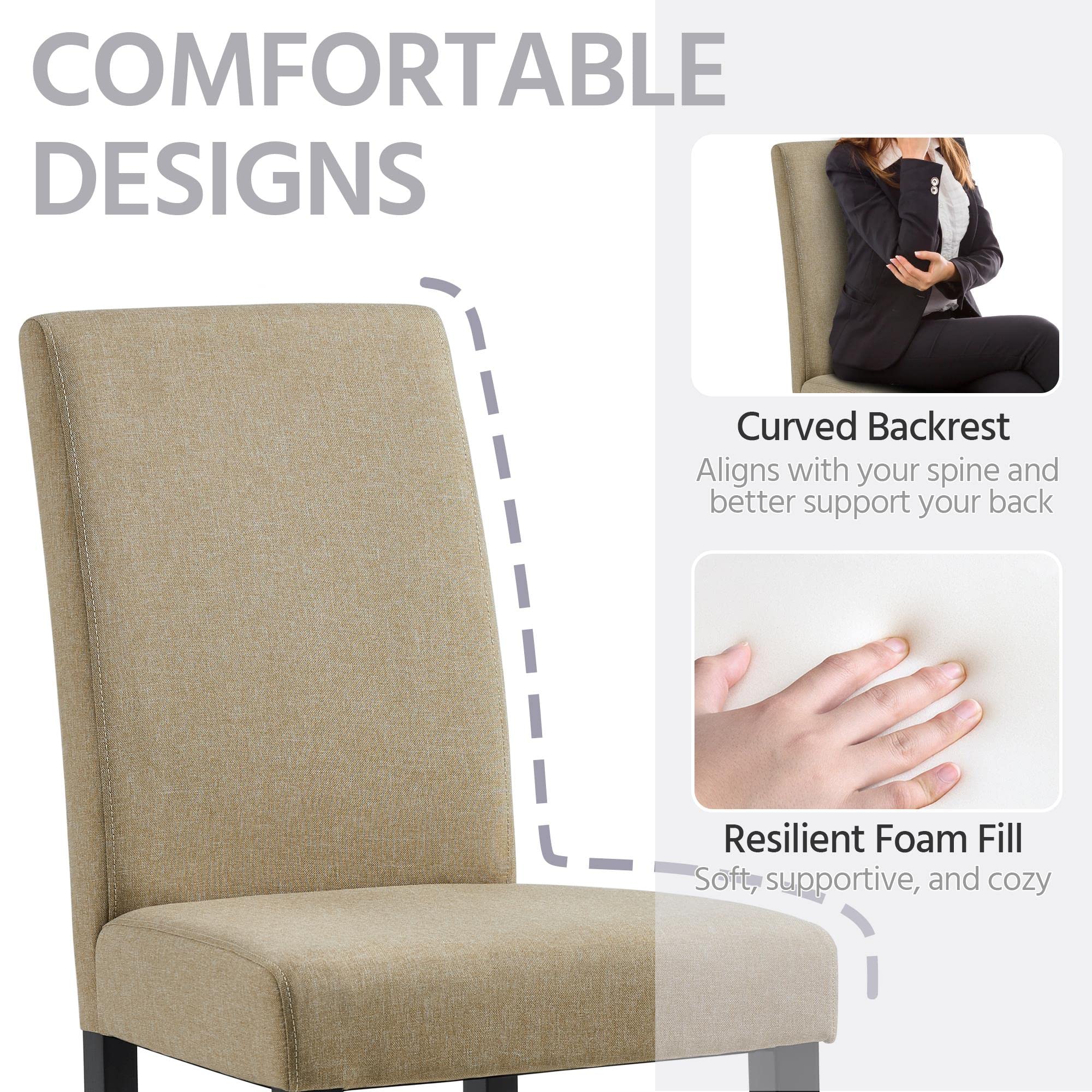 Topeakmart Set of 4 Modern Fabric Dining Chairs - Urban Style Parson Chairs with Solid Wood Legs, Armless Side Chairs for Kitchen, Living Room & Dining Room - Khaki - Perfect for Home, Restaurant & Office Use
