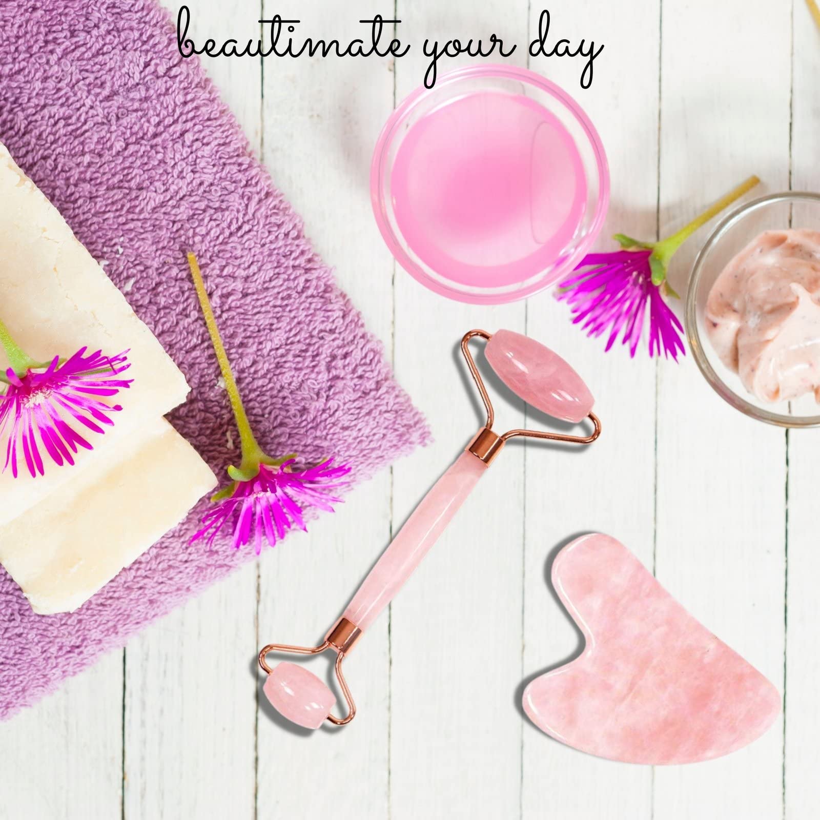 Rose Quartz Jade Roller & Gua Sha Set - Natural Facial Massage Tools for Skin Care, Wrinkle Reduction & Lymphatic Drainage - Perfect for Anti-Aging Routine & Relaxing Spa Night