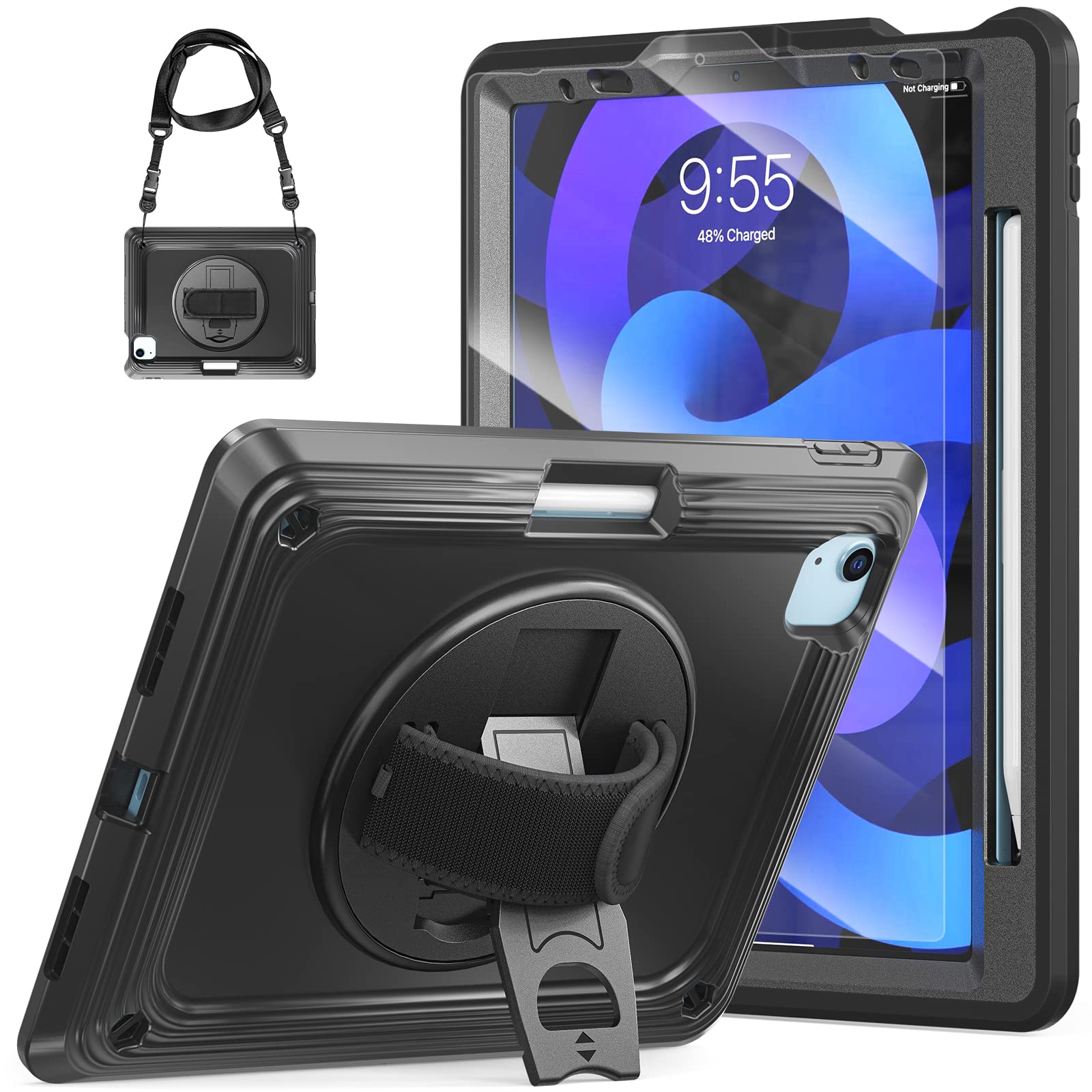 Premium Shockproof iPad Air 5th/4th Gen & iPad Pro 11 Inch Case (2022-2018 Models) with Built-in Screen Protector - 360° Rotating Stand & Hand Strap for Ultimate Protection - Perfect for Work, Travel & Outdoor Use - Black