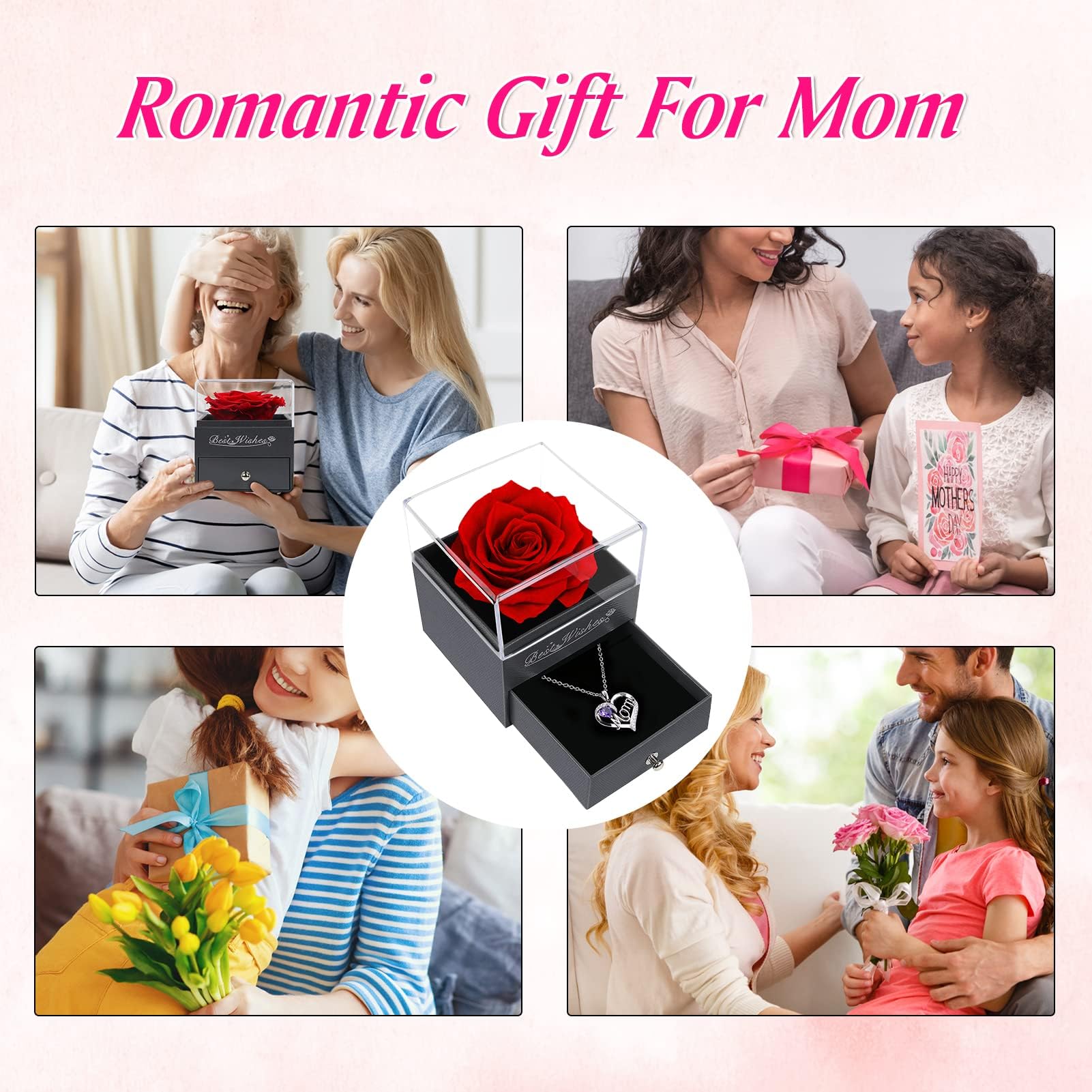 Mother's Day Rose Gift Set for Mom - Preserved Red Roses in Glass Dome with Heart Necklace - Birthday, Anniversary, Valentine's Day Gifts for Women, Wife, Grandma - Perfect for Home Decor, Romantic Surprise & Special Occasions