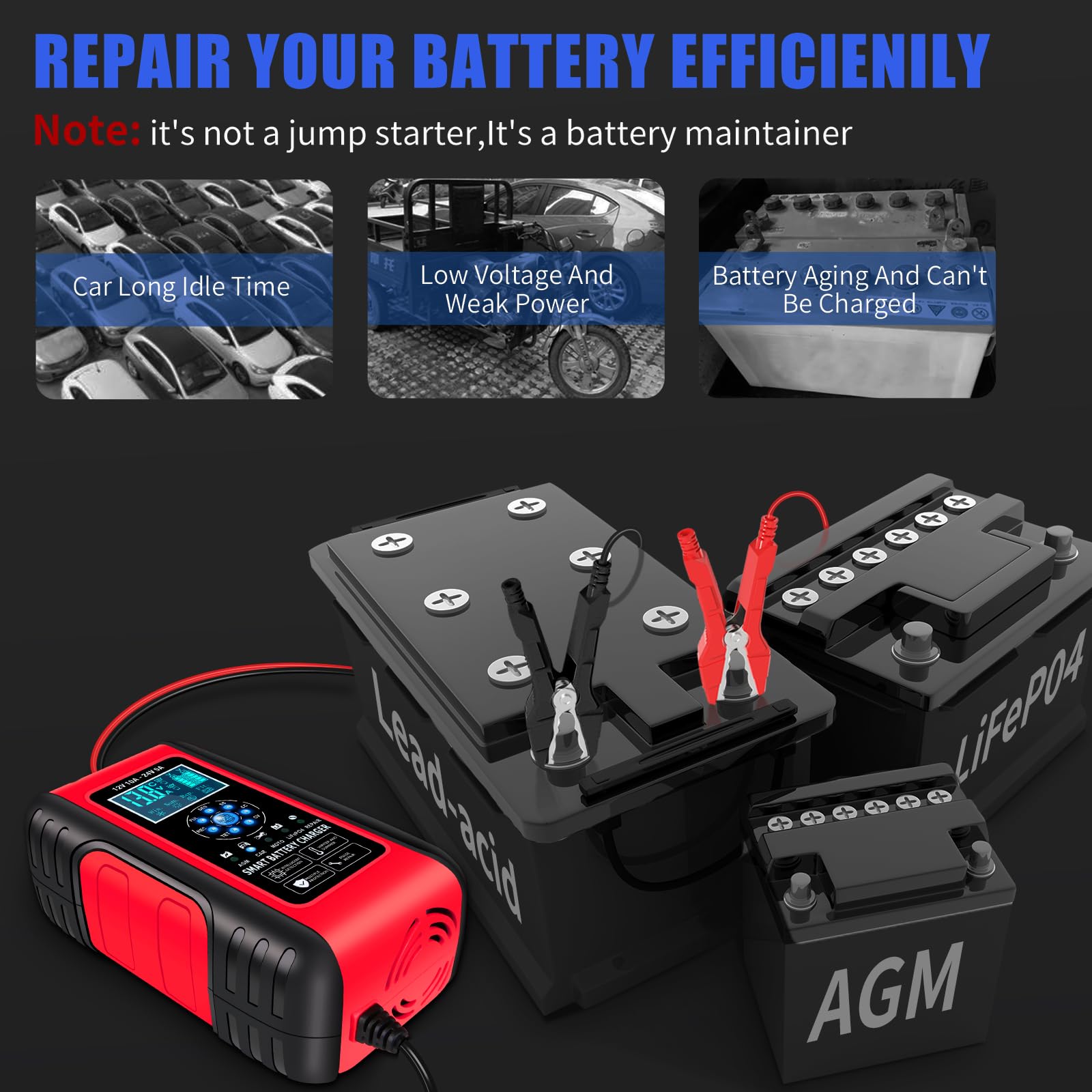 E-FAST 10A Lifepo4 & Lead Acid Car Battery Charger | 12V/24V Smart Trickle Charger & Maintainer | Compatible with Truck, Motorcycle, AGM, Lawn Mower, Boat & Marine Batteries | Perfect for Winter Storage & Long-Term Battery Maintenance