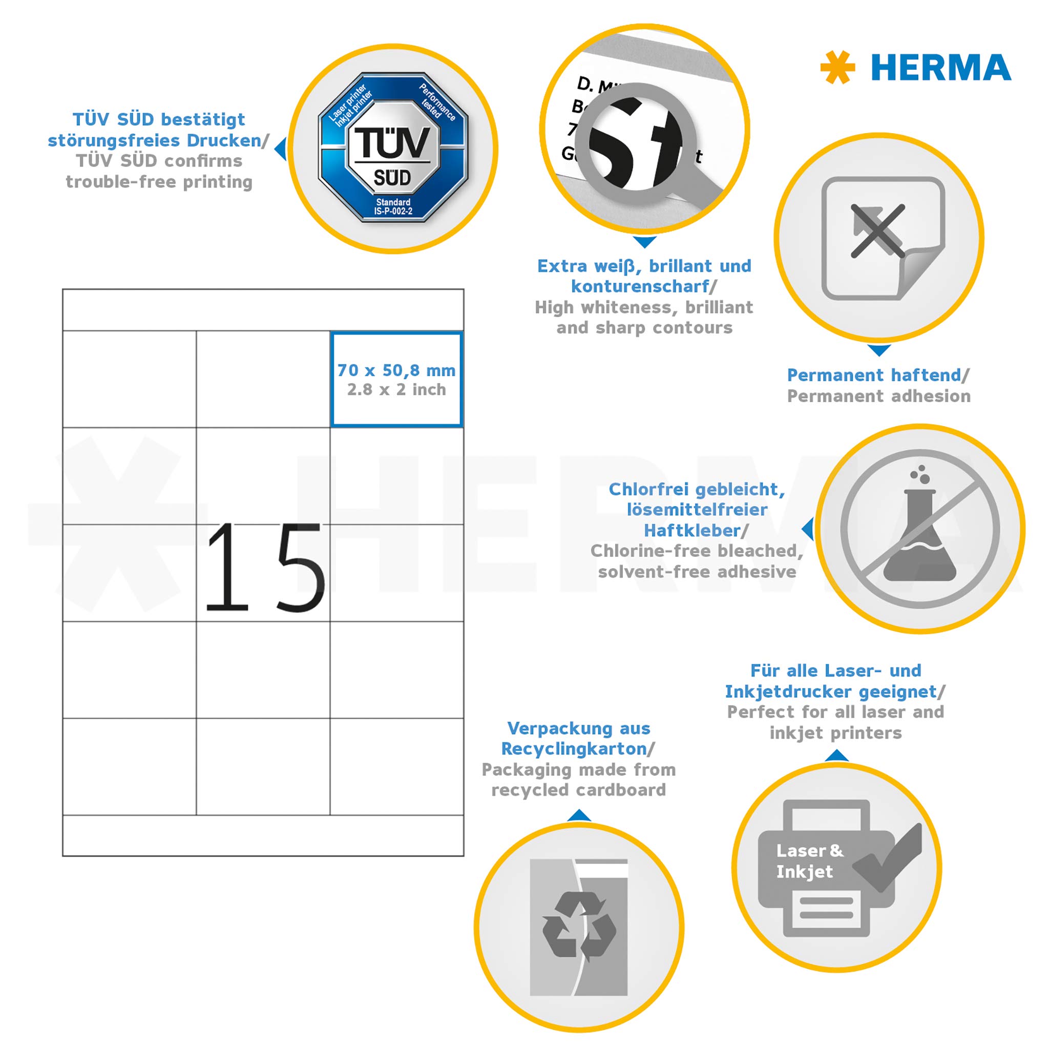 HERMA Self Adhesive Multipurpose Labels - 3000 Blank White Stickers (70x50.8mm), 15 Labels per A4 Sheet, 200 Sheets - Compatible with Laser & Inkjet Printers - Perfect for Office Organization, Shipping Labels, Product Packaging & Inventory Management