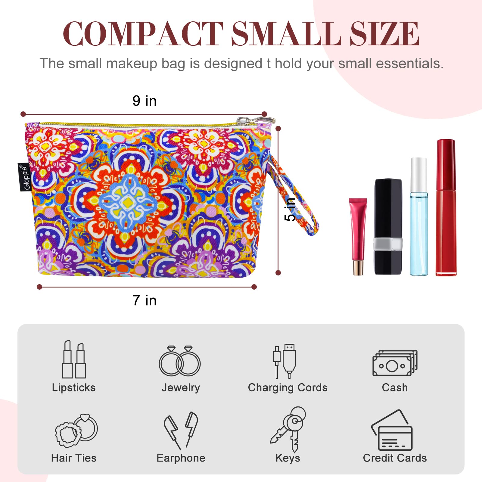Gloppie Bohemian Makeup Bag for Women - Waterproof Travel Cosmetic Pouch with Zipper | Small Makeup Organizer for Purse, Toiletry Bag & Gym Essentials | Perfect for Travel, Daily Use & Gift Giving