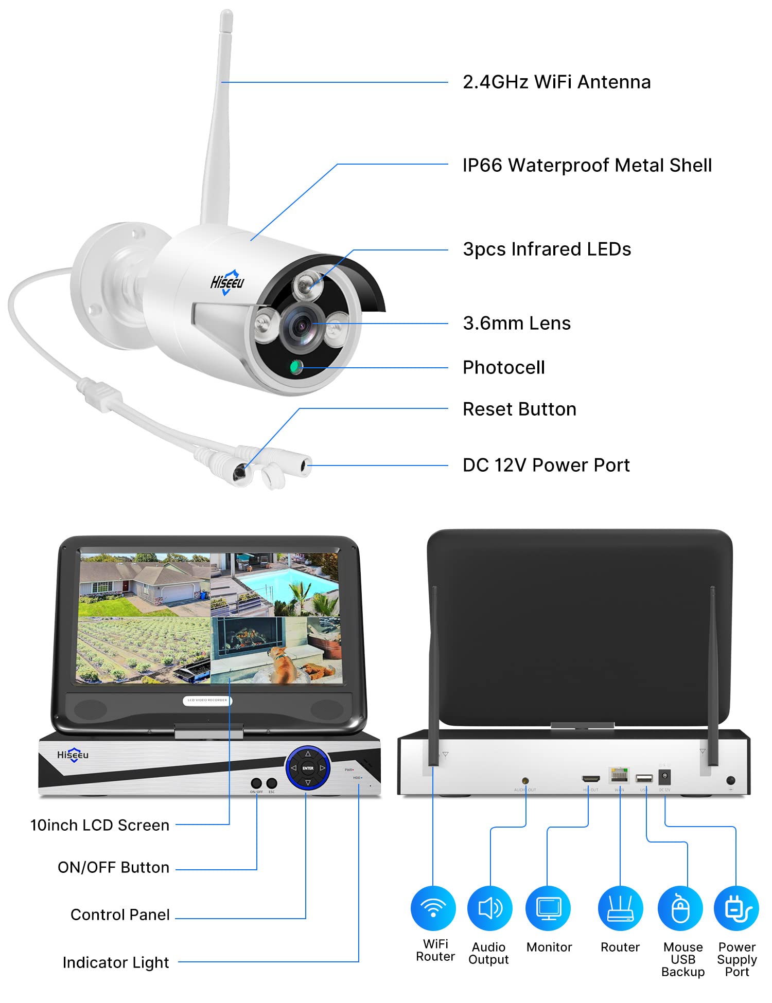 Hiseeu 10CH Expandable Wireless Security Camera System with 10in LCD 4K Monitor - 4 Pack 5MP Indoor/Outdoor Cameras, One-Way Audio, Waterproof, Motion Detection, 1TB HDD & Cloud Storage, Alexa Compatible - Ideal for Home Security, Business Surveillance, and Property Monitoring