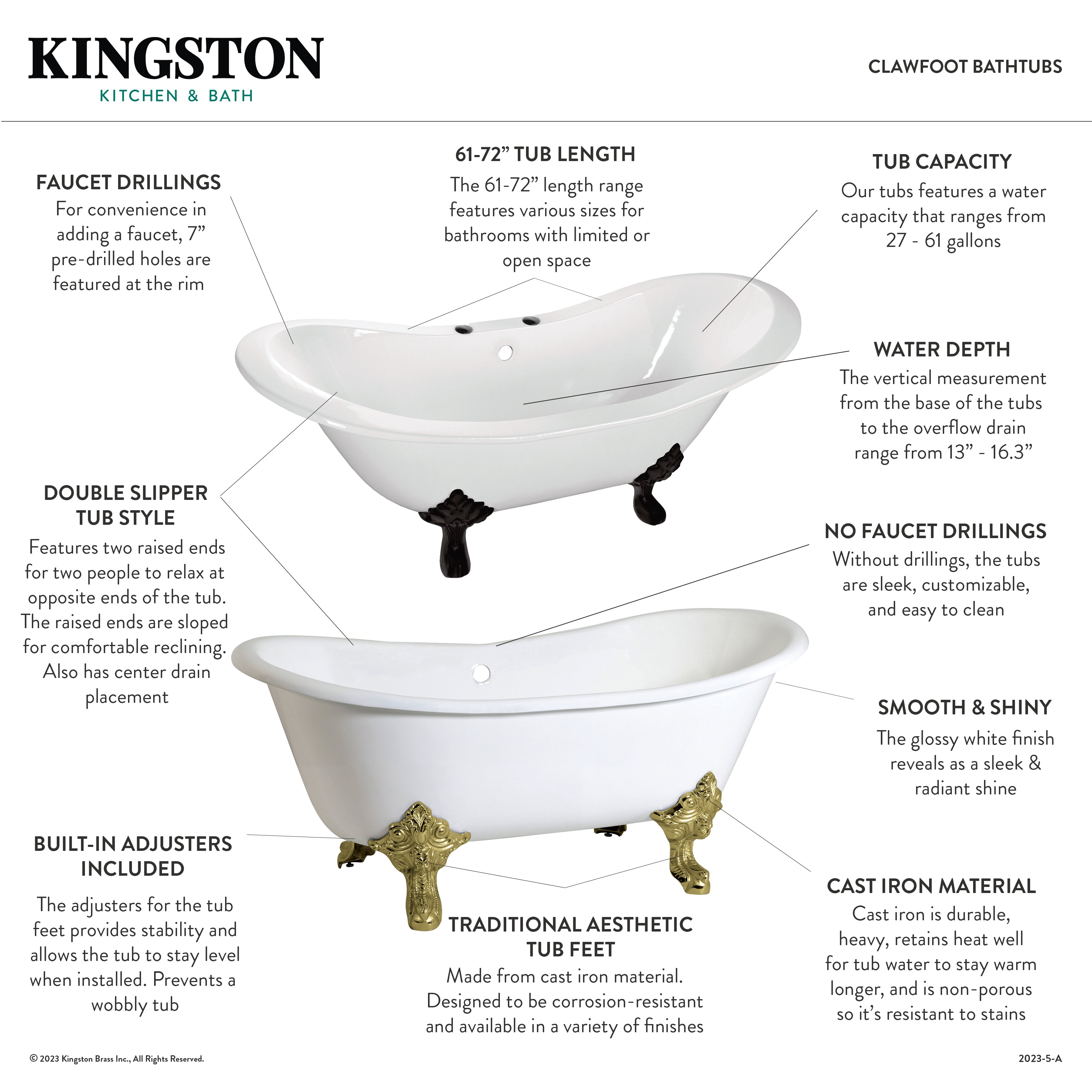 Aqua Eden 72 Inch White Matte Black Cast Iron Oval Double Slipper Clawfoot Bathtub with 7 Inch Faucet Drillings - Vintage Freestanding Soaking Tub for Luxury Bathroom & Spa Relaxation