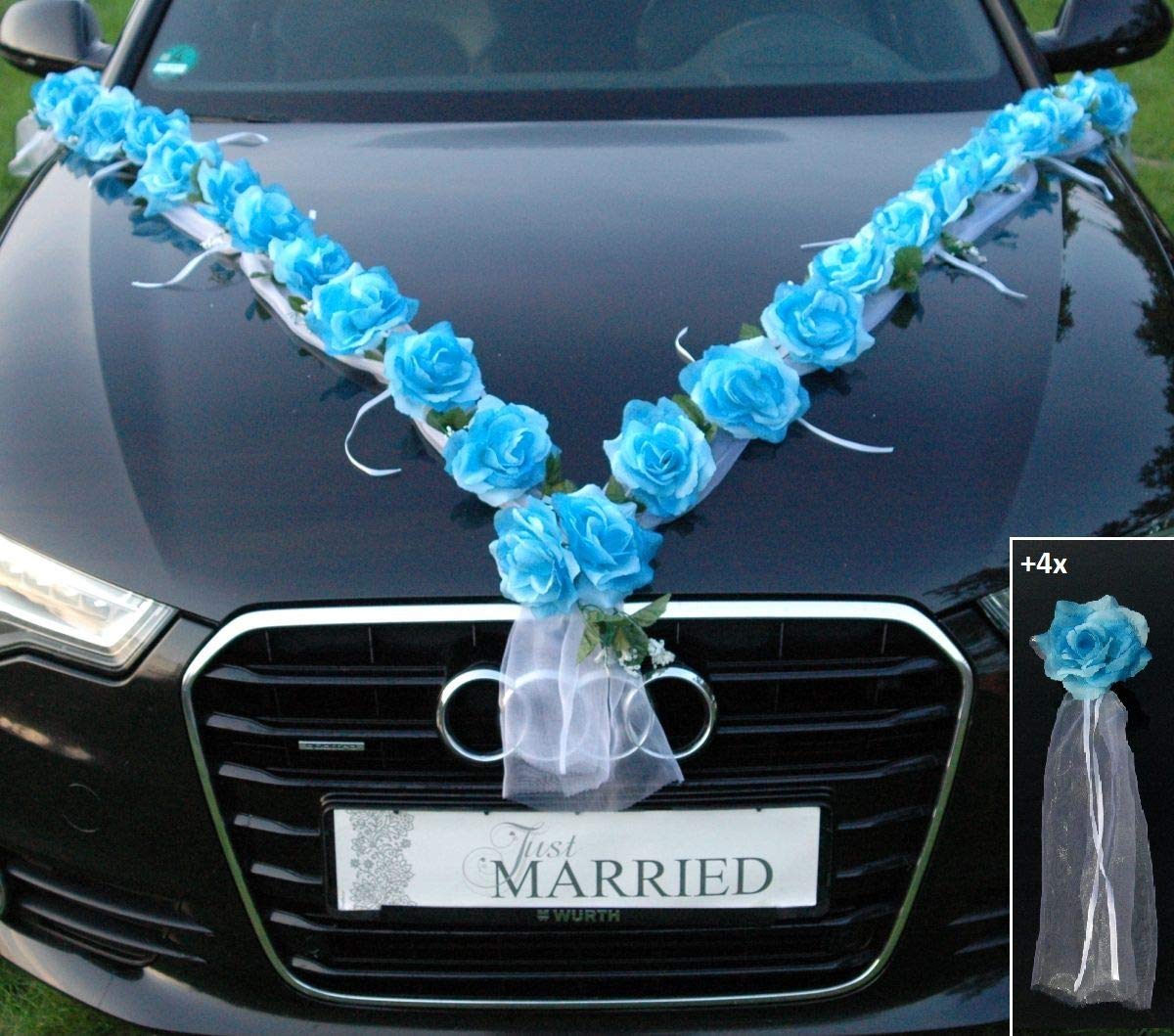 Rose Garland Car Jewelry - Bridal Couple Rose Decor for Wedding Cars (Blue/White) | Elegant Vehicle Decoration for Weddings, Anniversaries & Special Events
