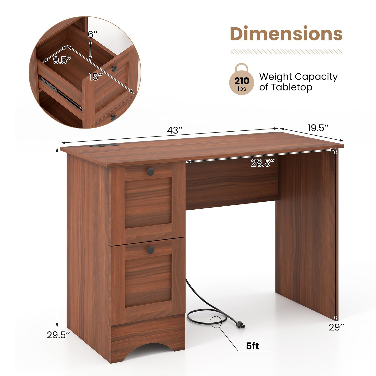 Tangkula Wooden Computer Desk with Drawers & USB Charging Station - Compact Home Office Desk for PC, Laptop & Notebook - Study Writing Workstation for Small Spaces - Perfect for Remote Work, Online Classes & Gaming Setup