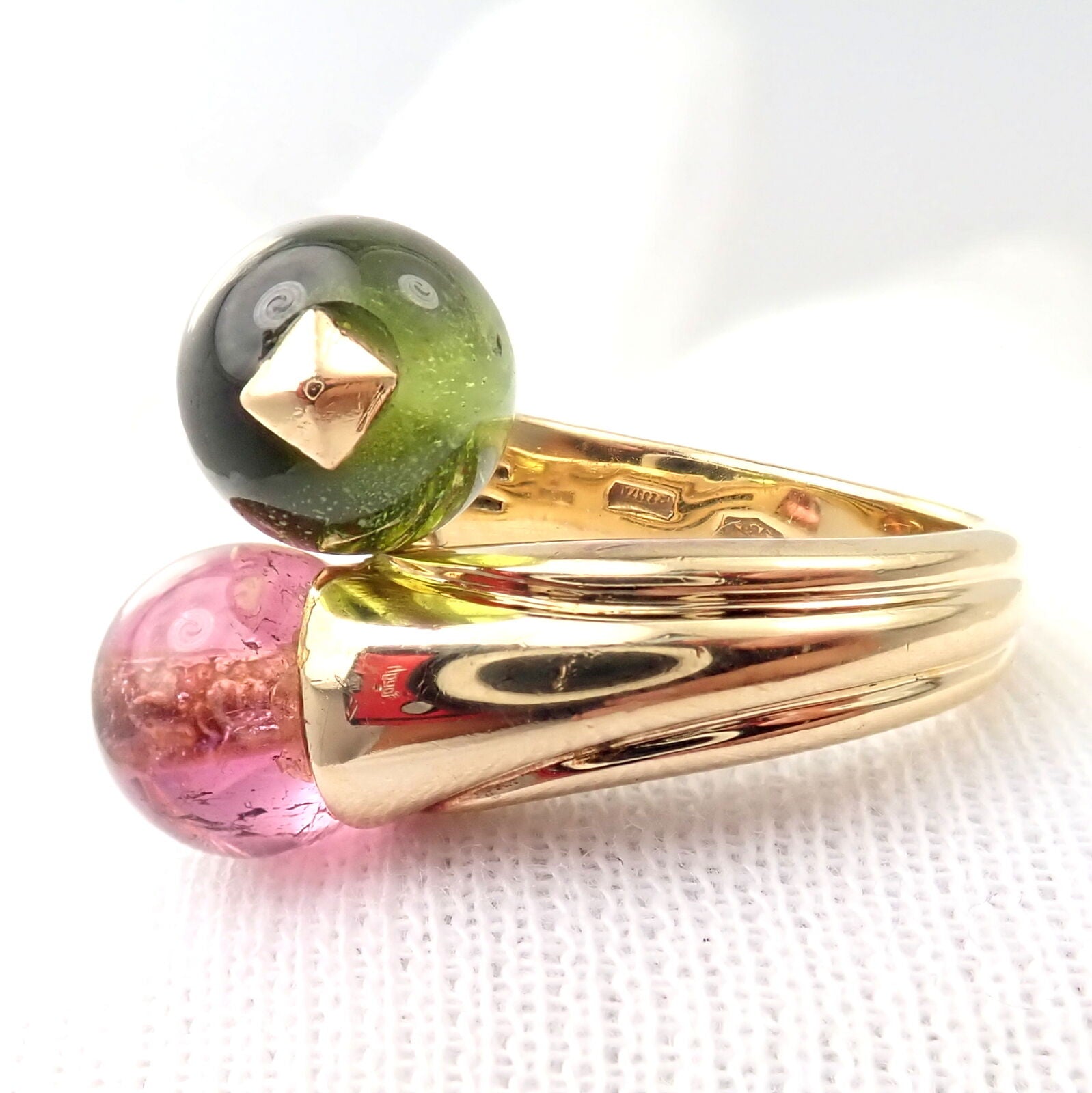 Vintage Bulgari Bvlgari 18k Yellow Gold Pink & Green Tourmaline Bypass Ring - Luxury Jewelry for Women, Elegant Gift for Anniversary & Special Occasions