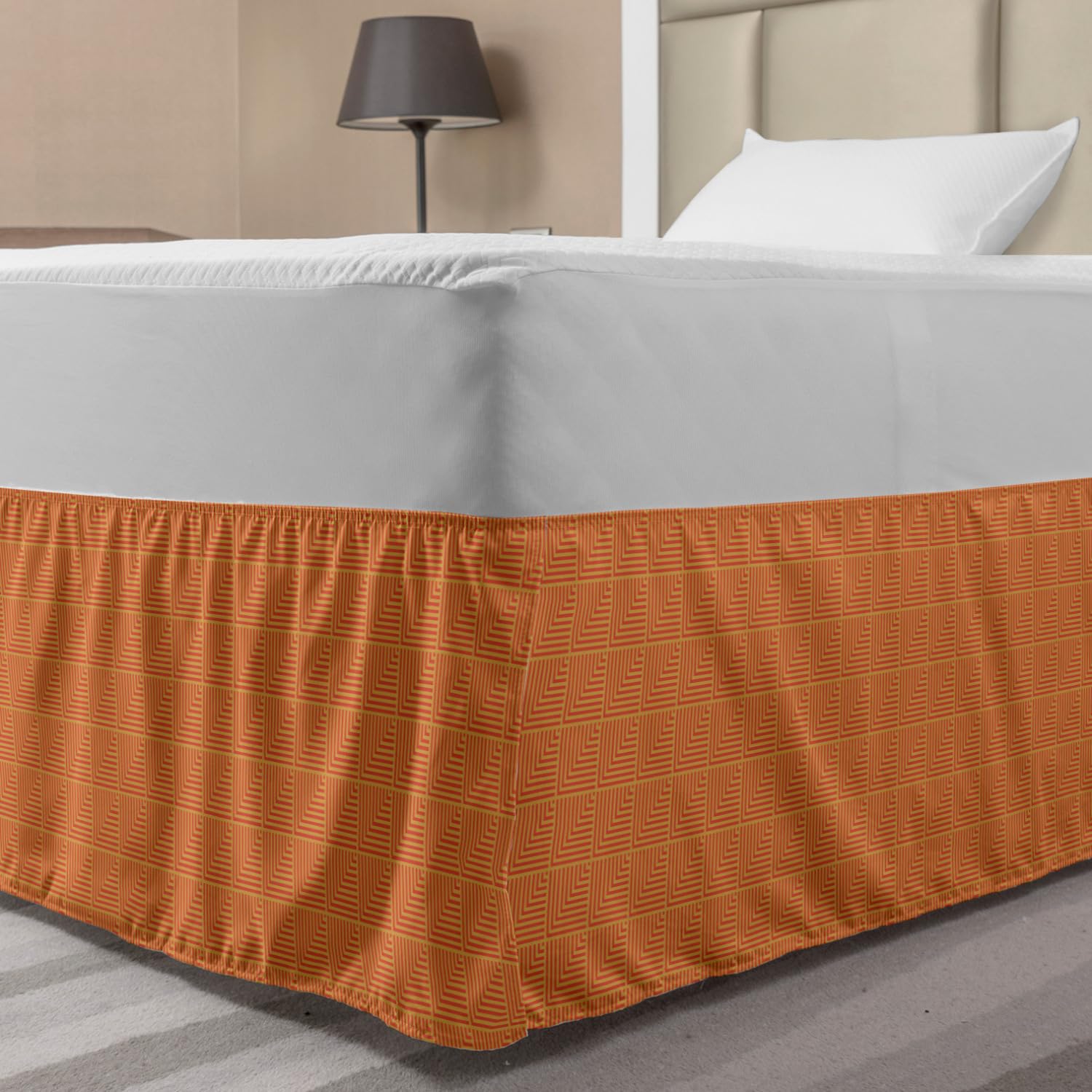 Ambesonne Abstract Bed Skirt - Geometric Checkered Square Design with Angled Lines, Elastic Wrap Around Dust Ruffle for Full Size Beds | Modern Home Decor for Bedroom Styling (Vermilion Earth Yellow)