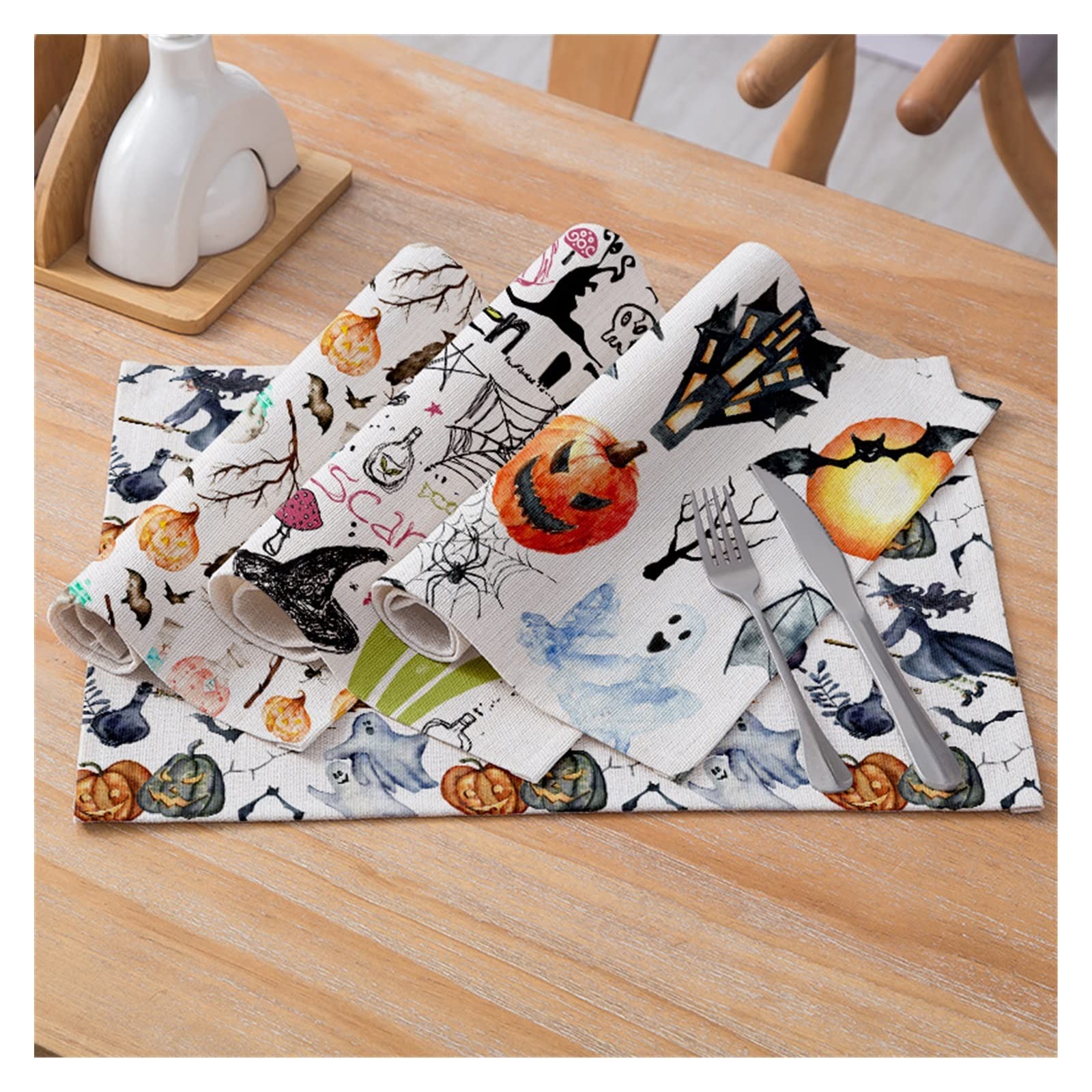 Halloween Cotton Linen Placemats Set of 6 - Pumpkin Spider Black Cat Design, Heat Resistant & Washable Kitchen Table Mats for Halloween Party Dining, Home Decor, Thanksgiving Dinner